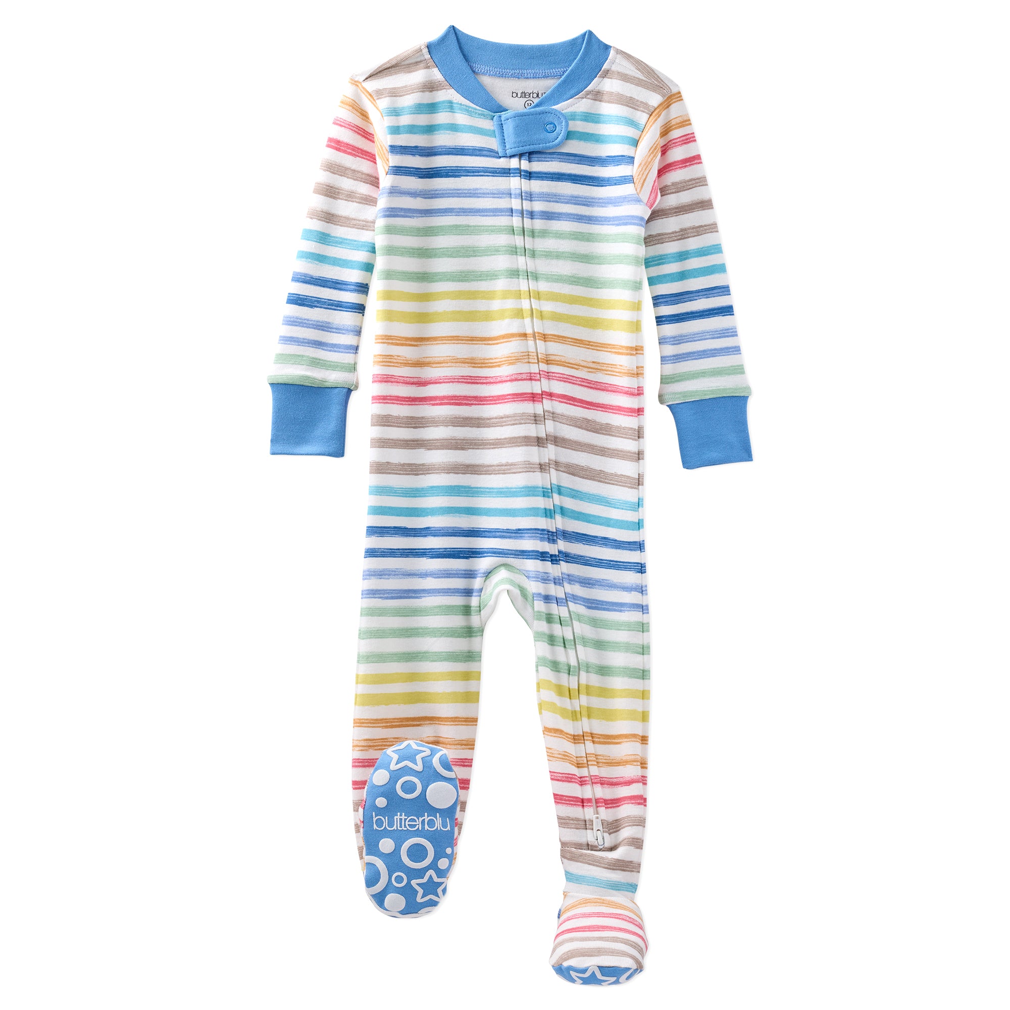 Colorful striped baby onesie with blue accents on a white background