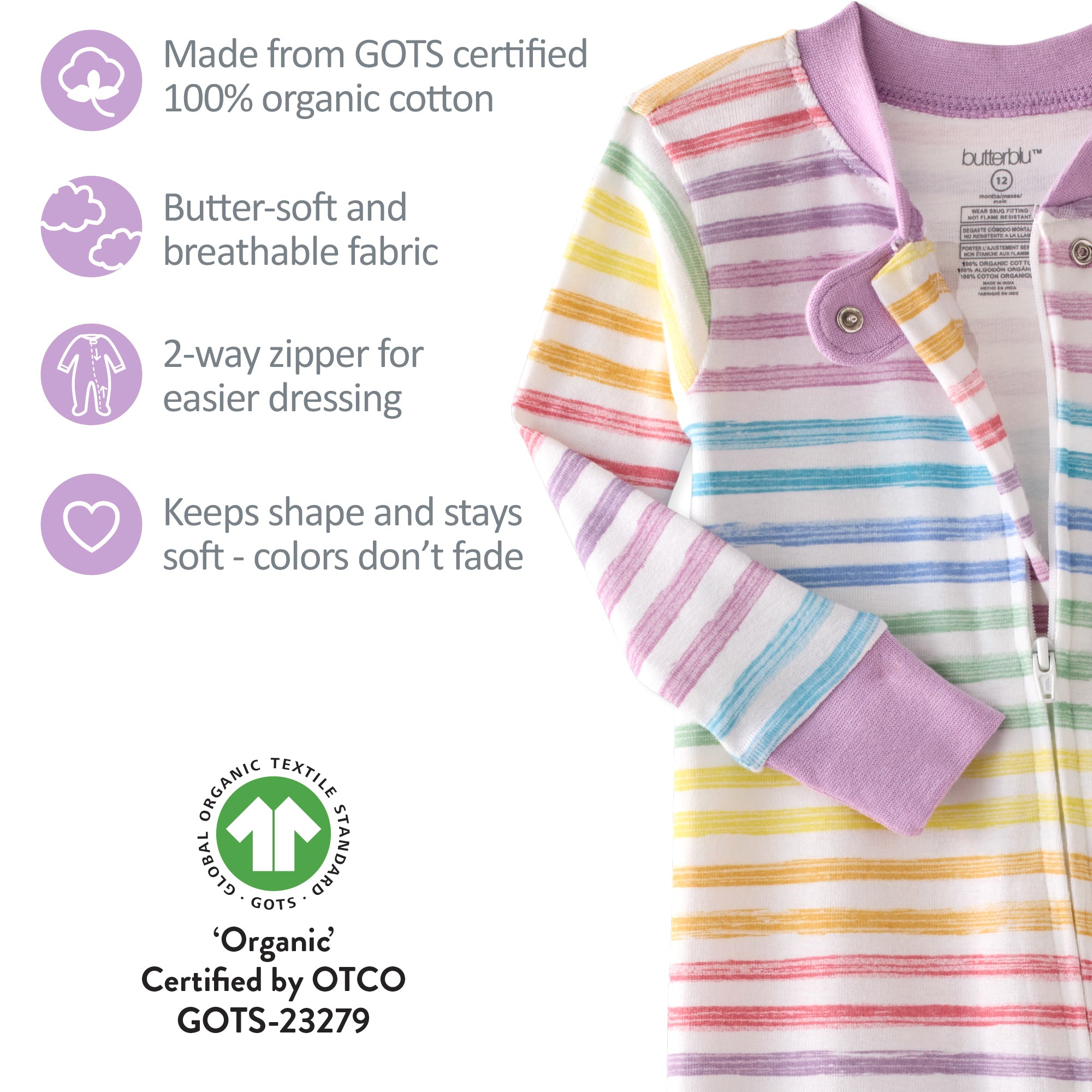 Colorful striped baby jacket with GOTS certification details on a white background