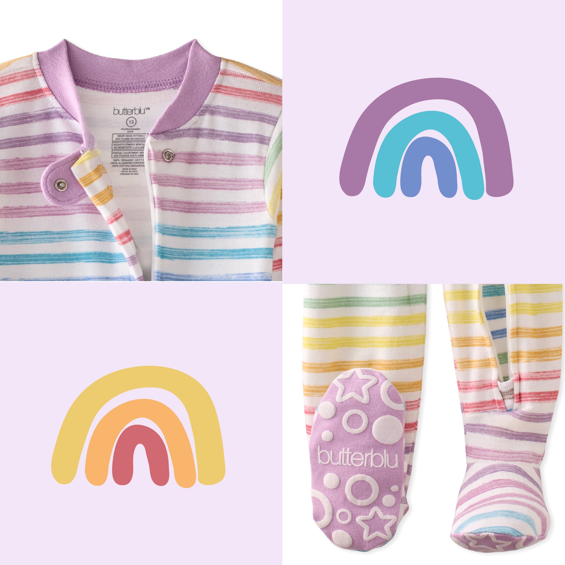 Collage of baby clothing and accessories with rainbow designs, including a onesie, socks, and a rainbow graphic.