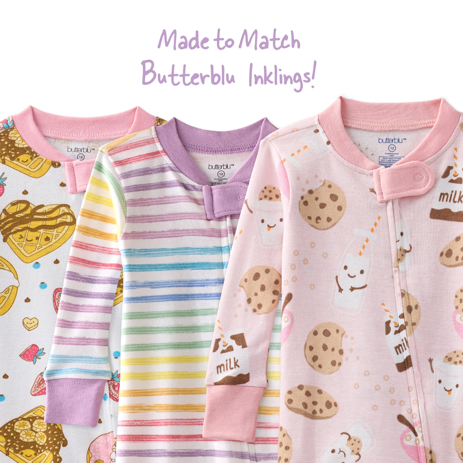 Three children's pajamas with different patterns and colors, labeled 'Butterblu Inklings'.
