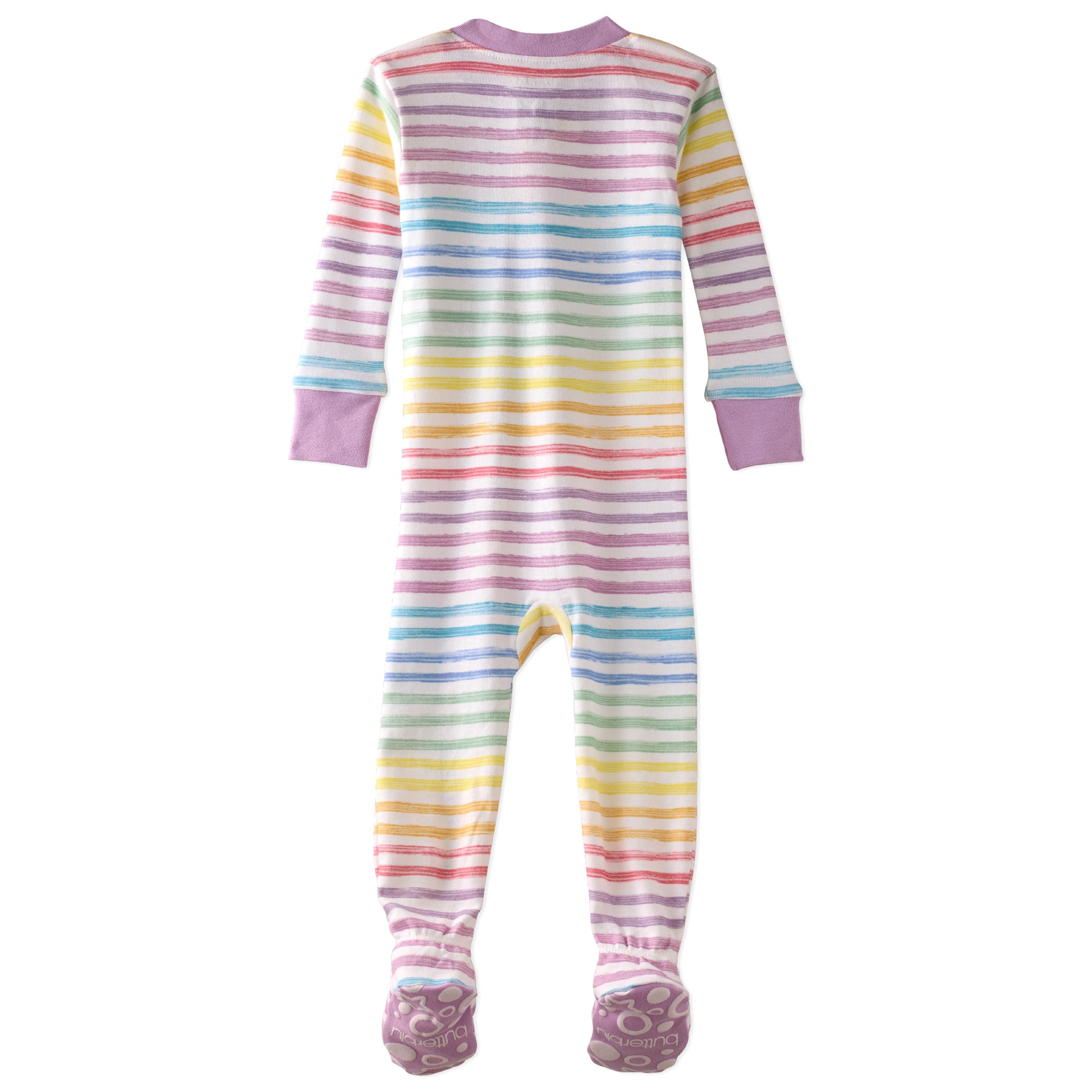 Pastel striped baby onesie on a white background