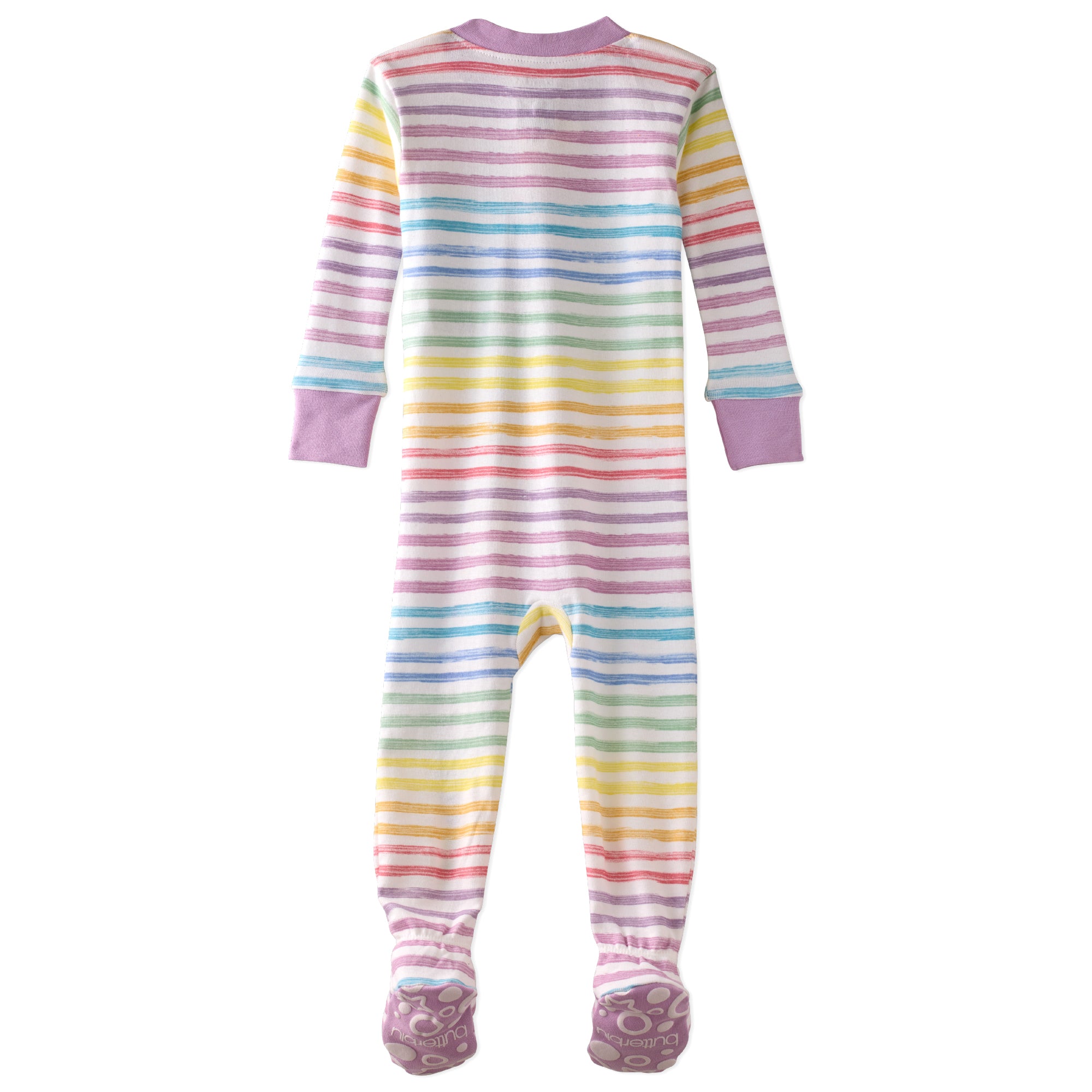Pastel striped baby onesie on a white background