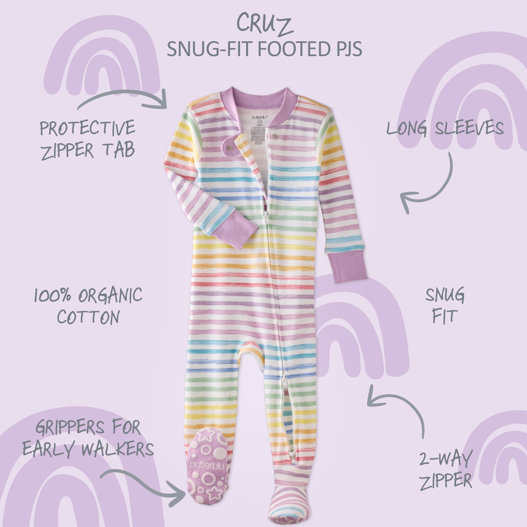 Rainbow striped baby onesie with features highlighted on a light purple background
