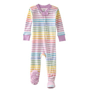 Multicolored striped baby onesie with a bow on a white background