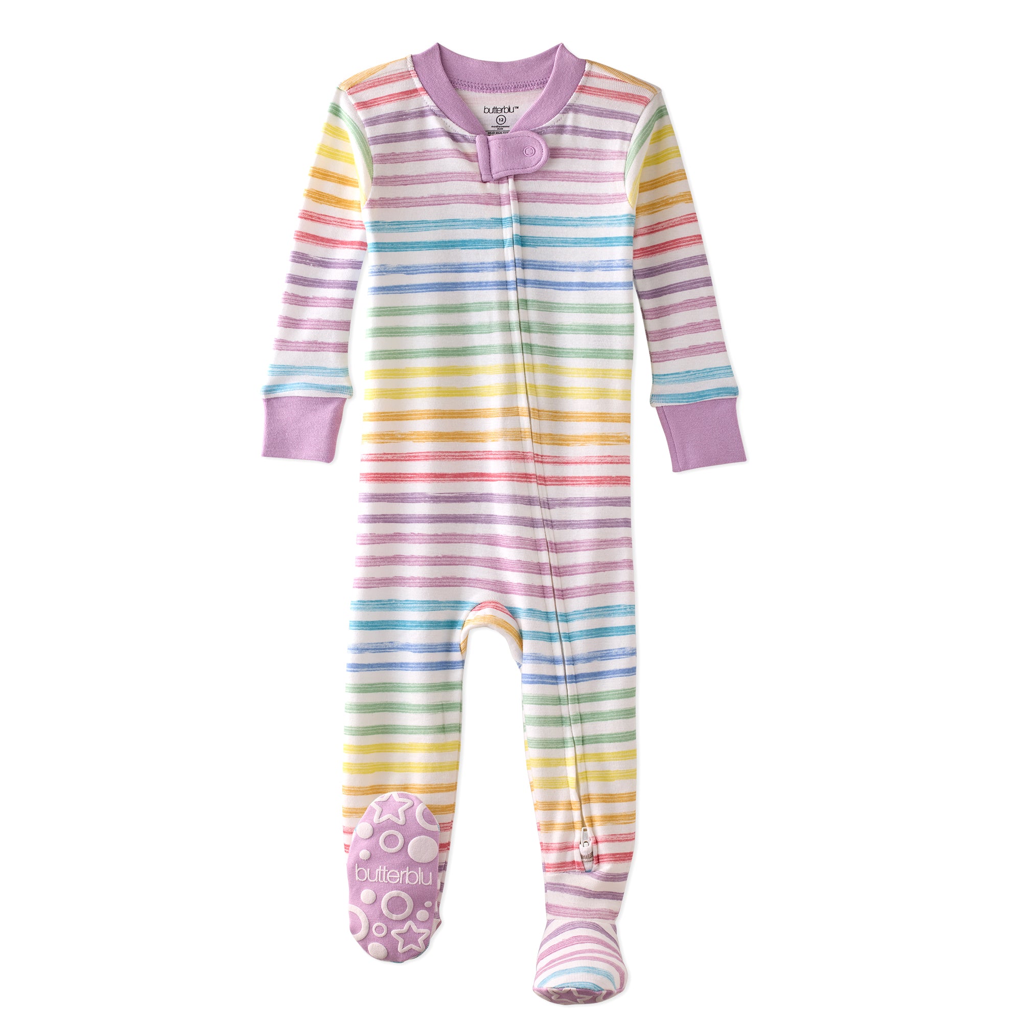 Multicolored striped baby onesie with a bow on a white background