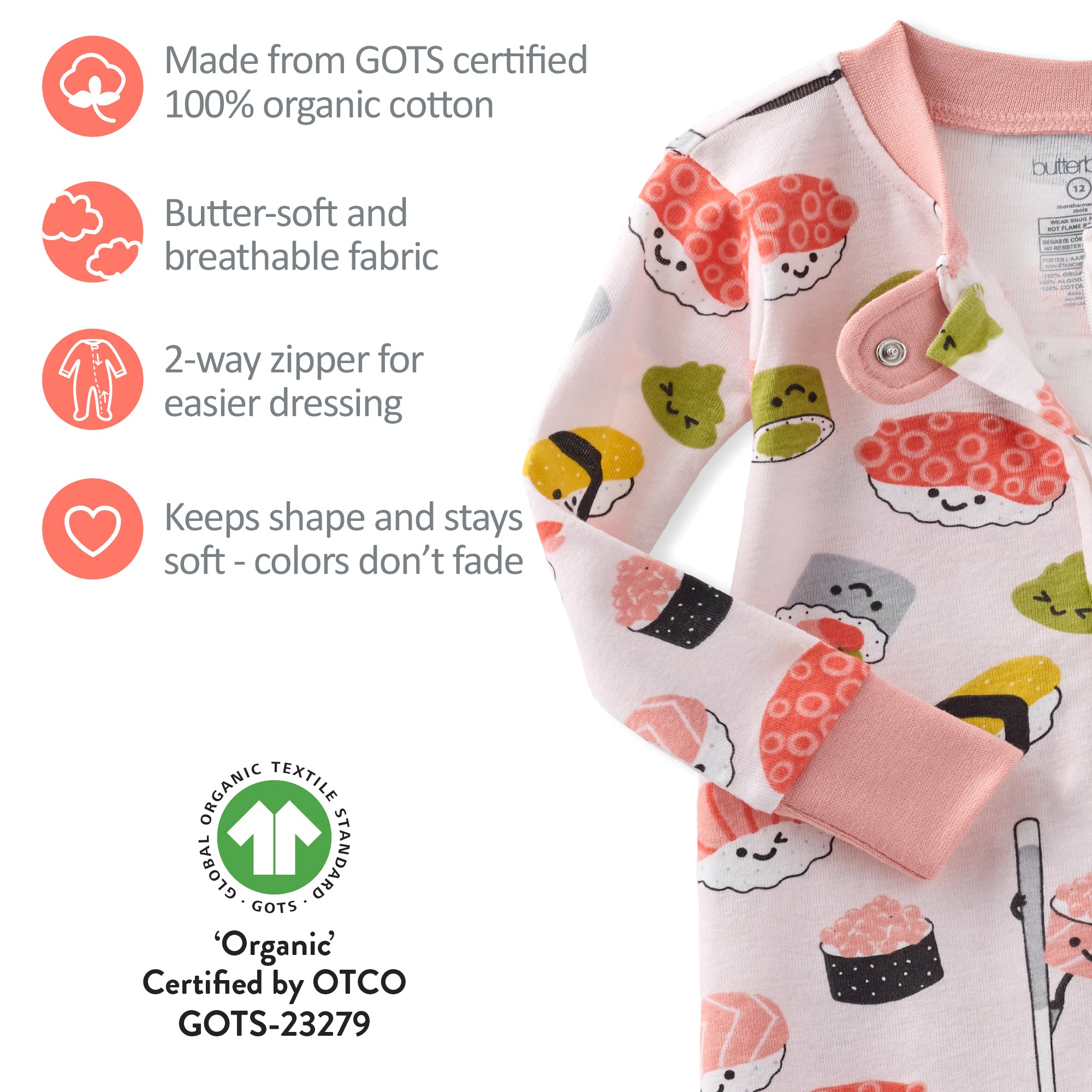 Baby outfit with sushi pattern and product features on a white background