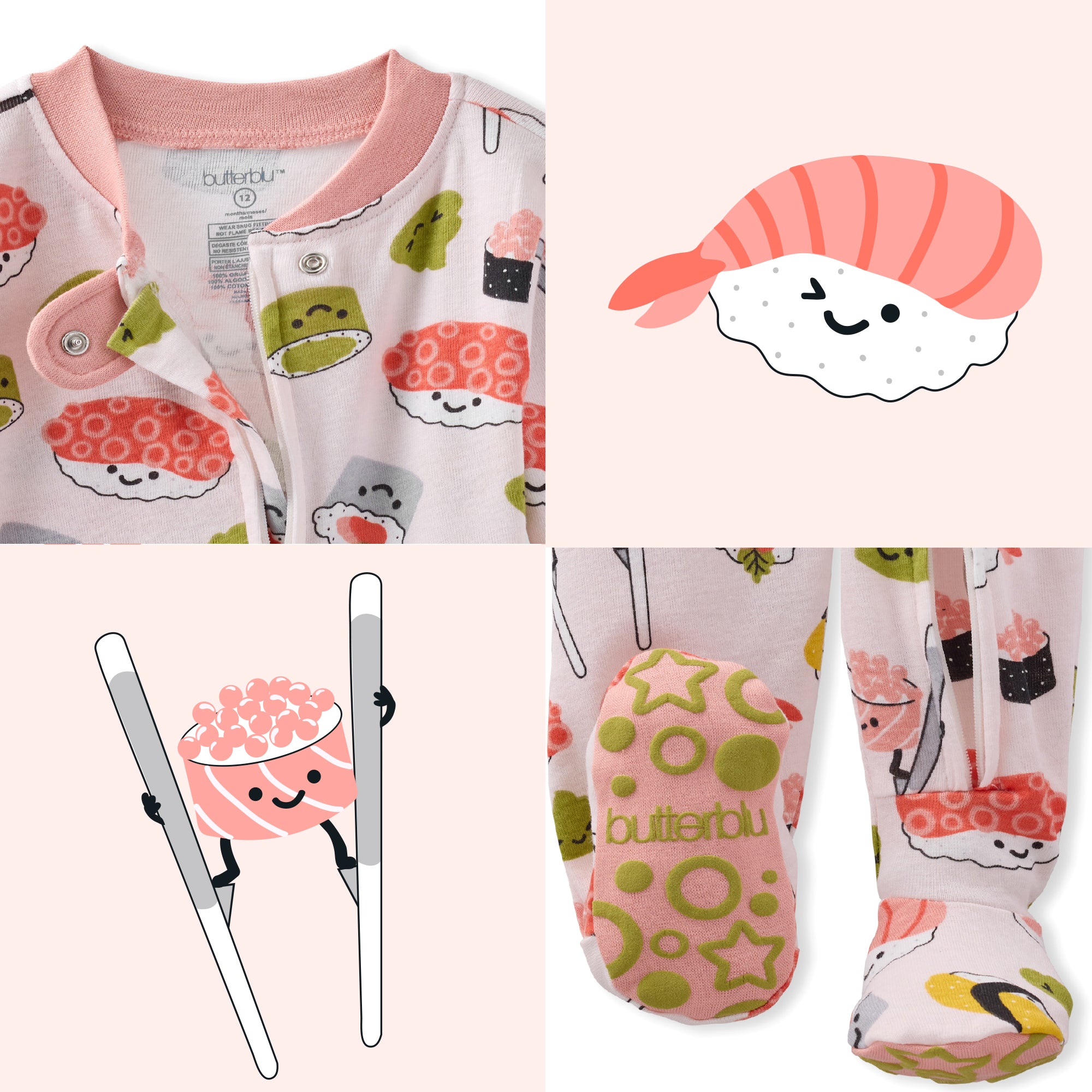 Baby onesie with sushi-themed design, including a close-up of the fabric and separate illustrations of sushi items.