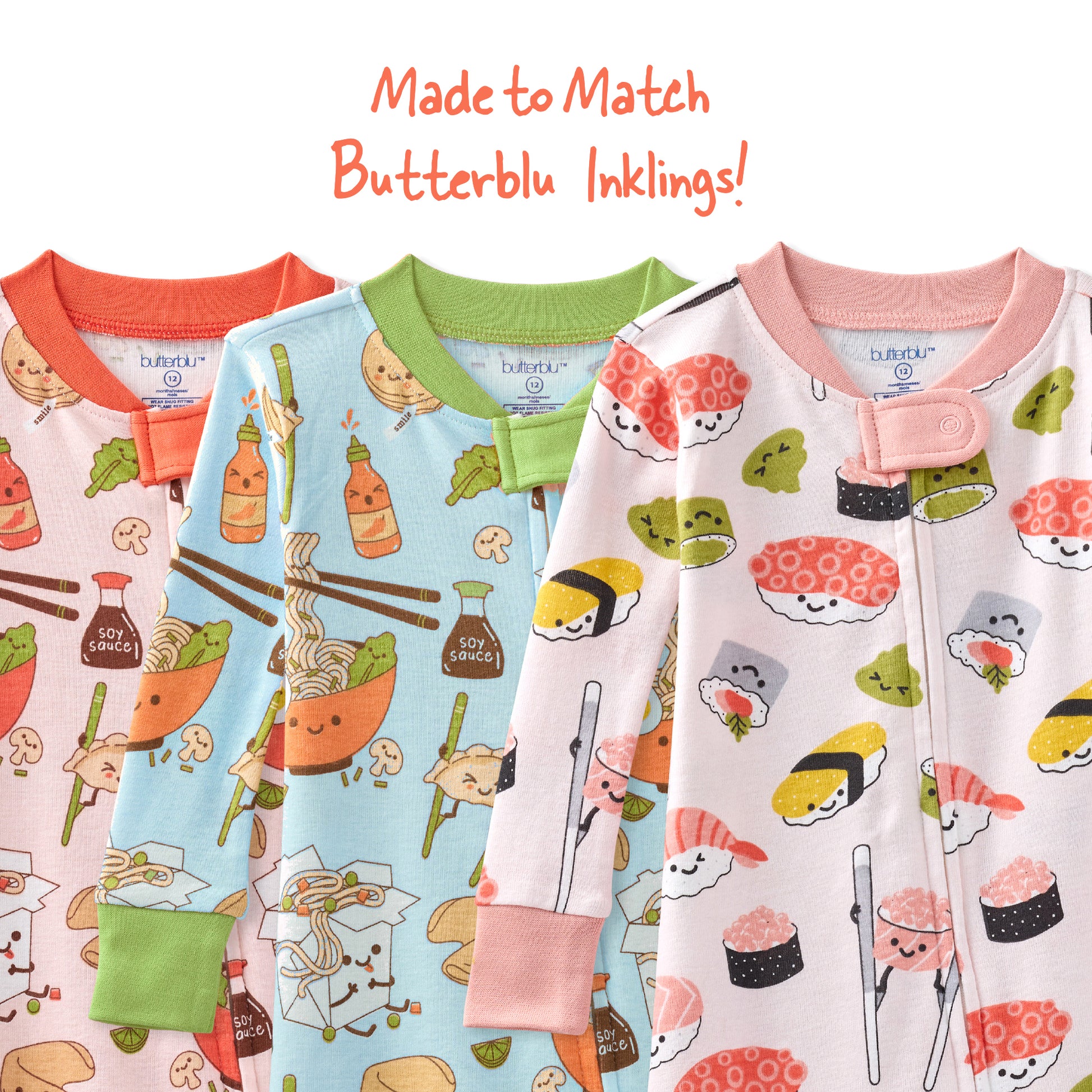 Three children's pajamas with colorful patterns on a white background, featuring text 'Made to Match Butterblu Inklings'.