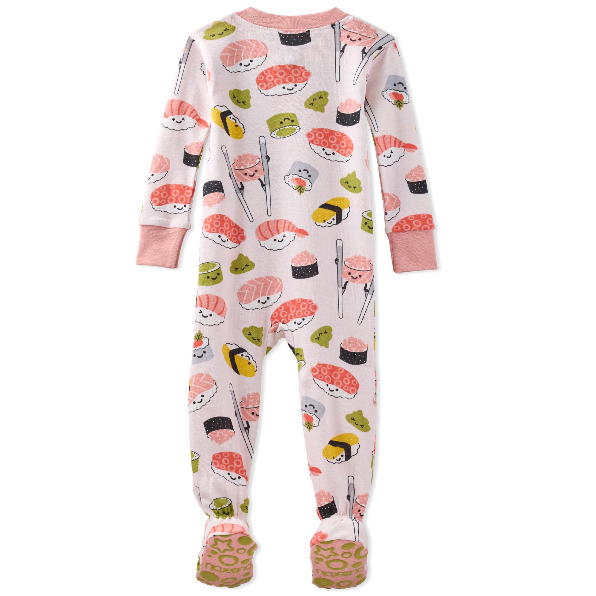 Children's onesie with sushi pattern on a white background