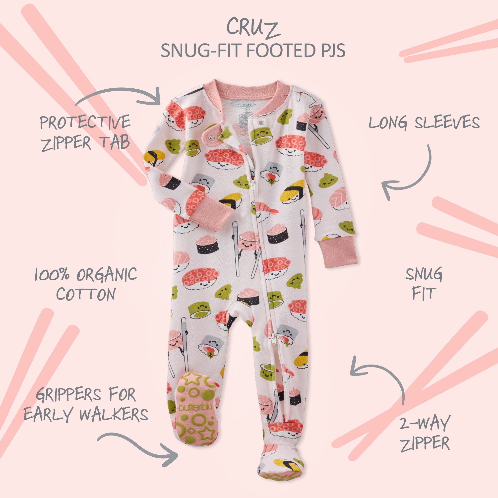 Children's pajama set with sushi pattern on a pink background, featuring text describing features.