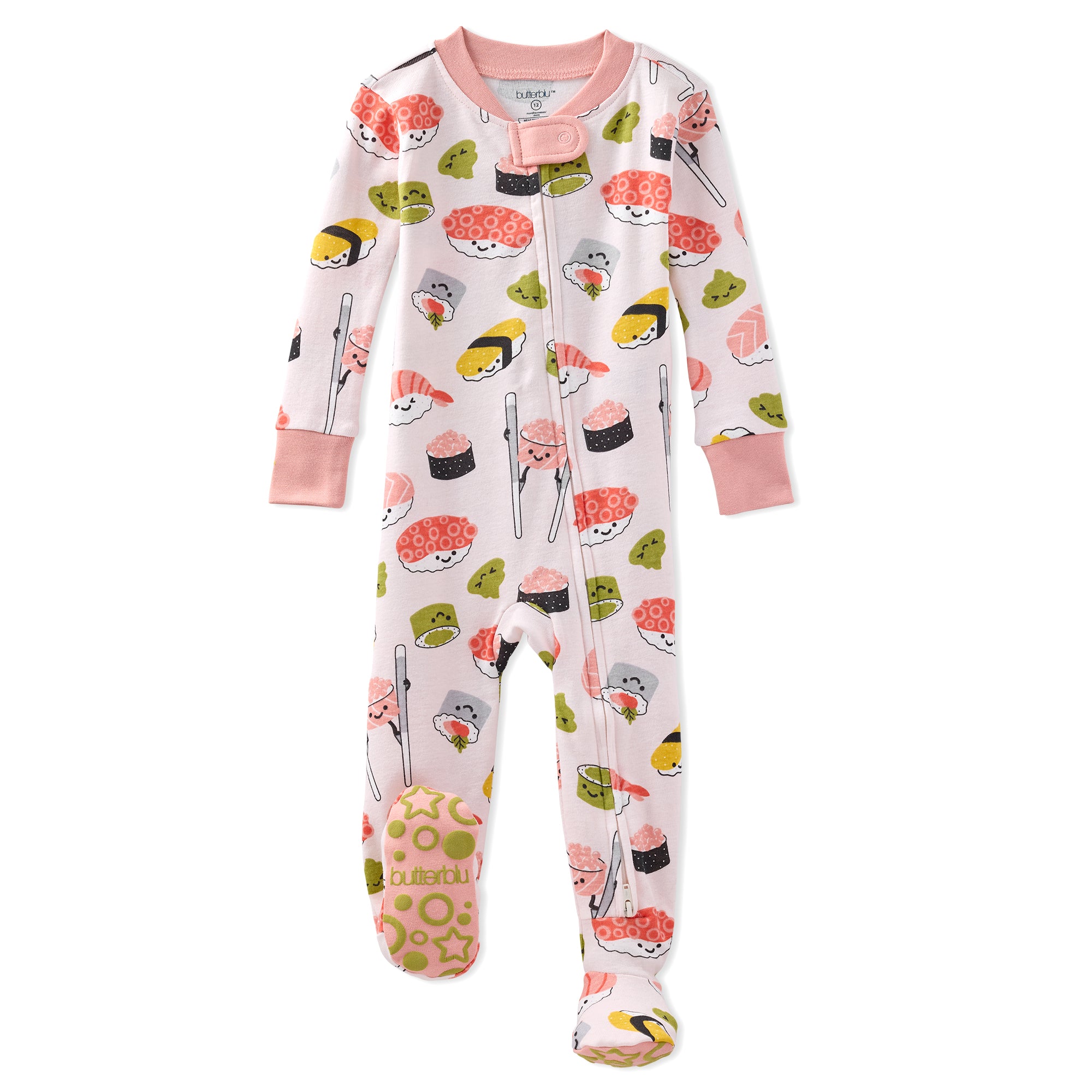 Baby onesie with sushi pattern on a white background