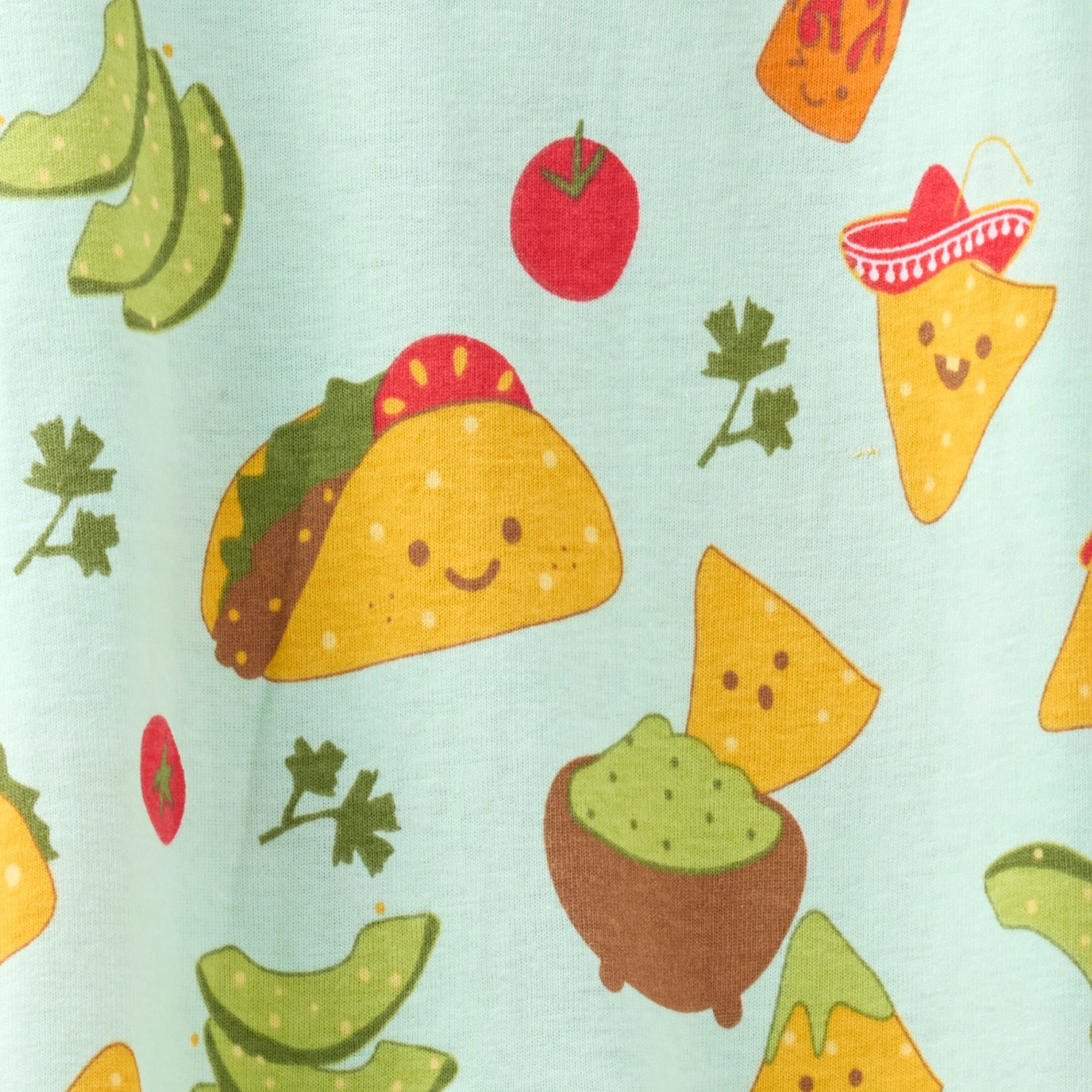 Pattern of cartoon tacos, guacamole, and tortilla chips on a light blue background