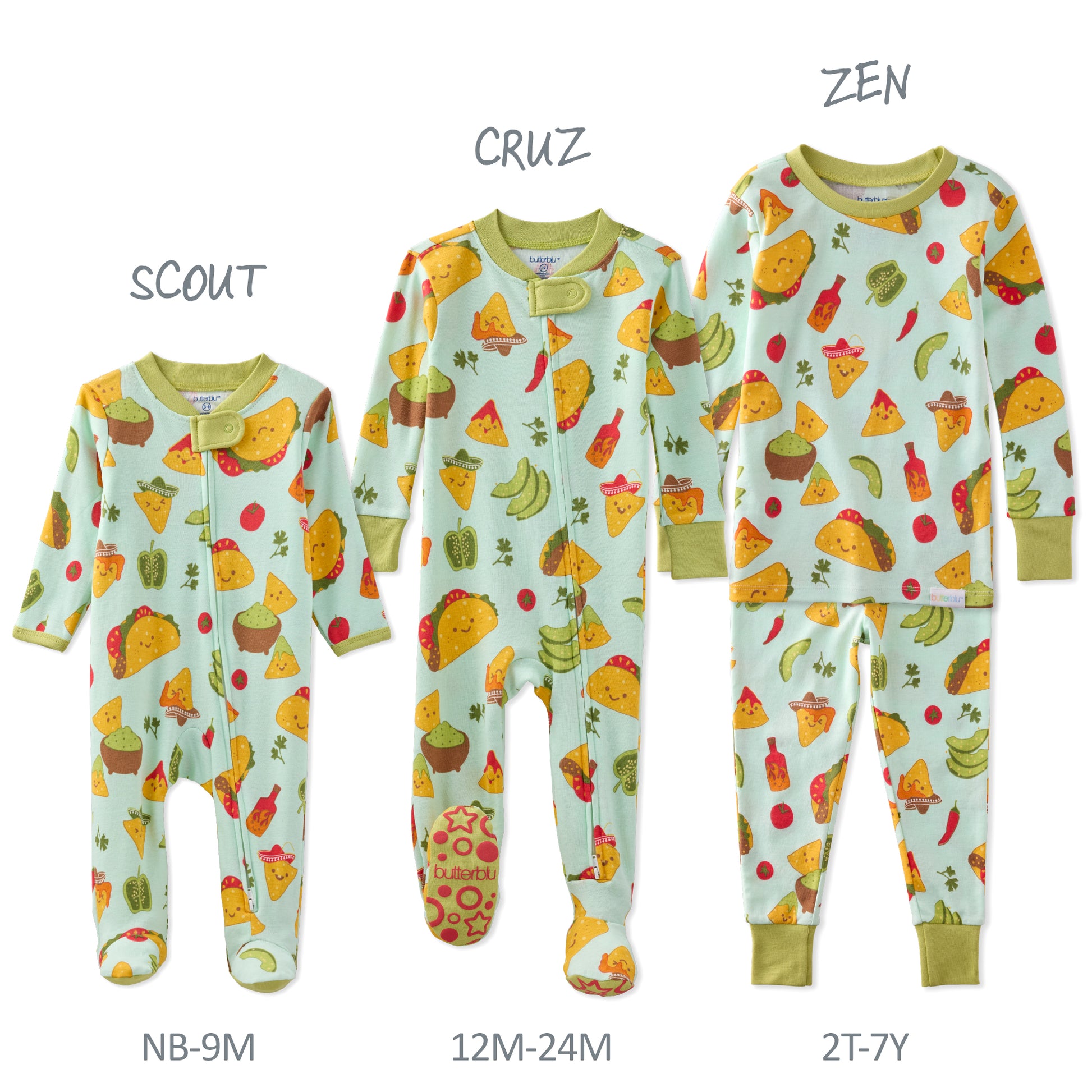 Three baby onesies with different patterns labeled 'Scout', 'Cruz', and 'Zen' on a white background.