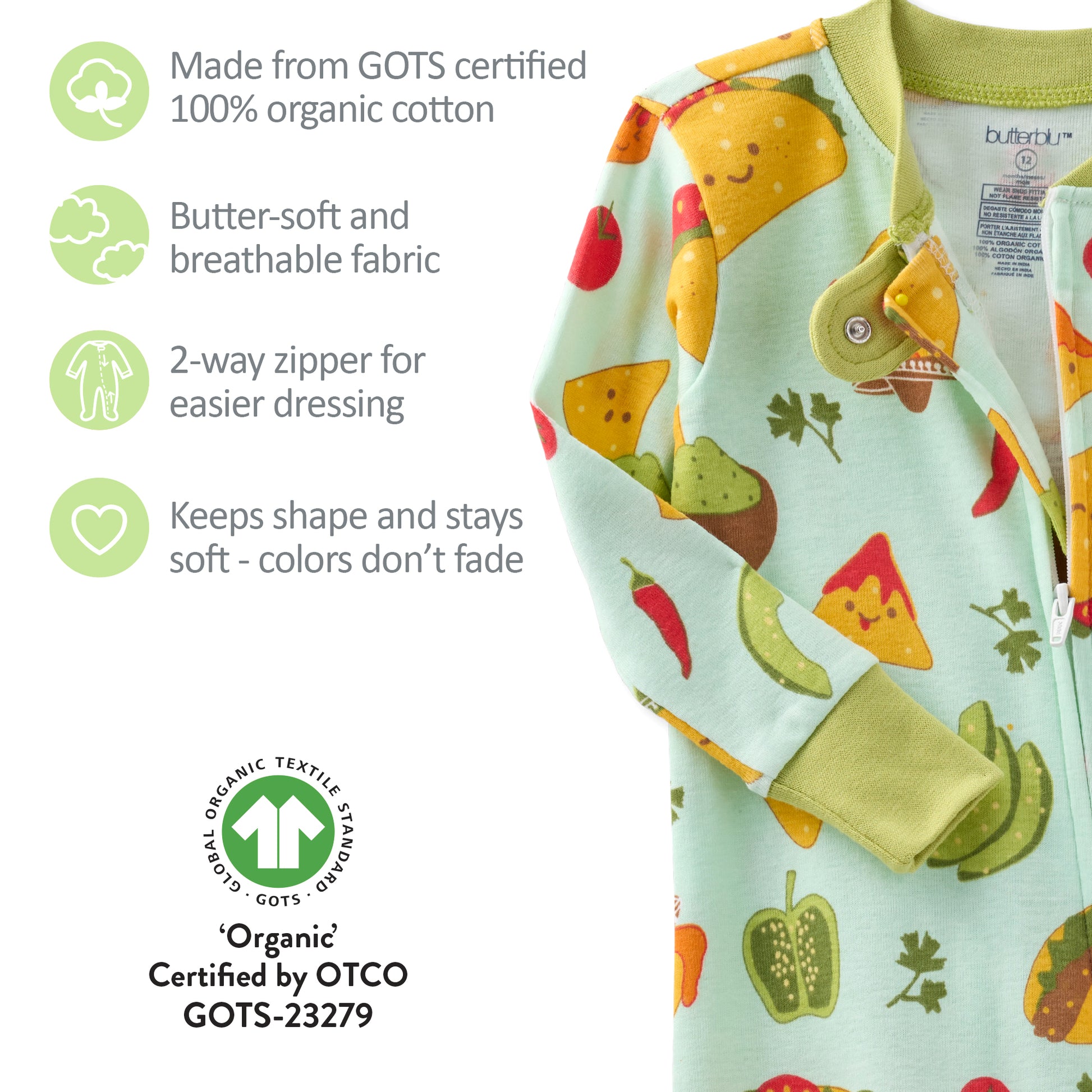 Baby romper with colorful fruit pattern and certification details on a white background