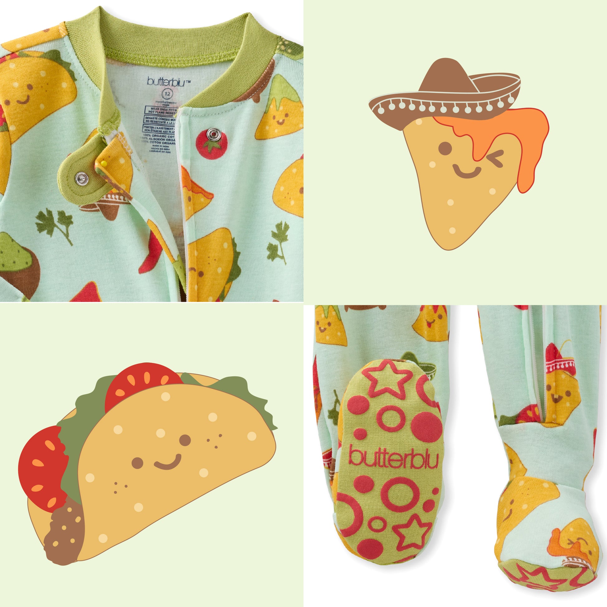 Baby onesie with taco and fruit design, featuring the brand 'butterblu'.