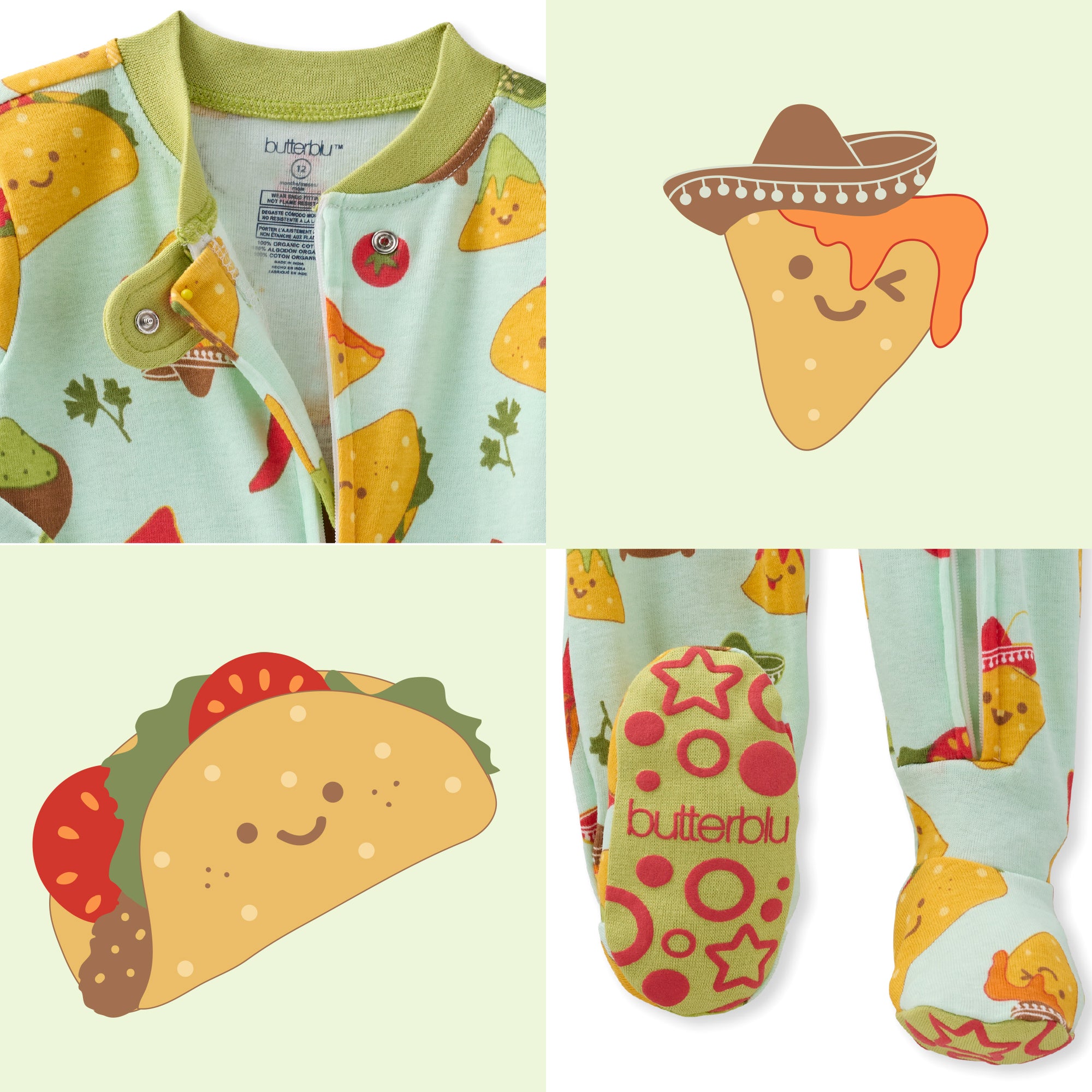 Baby onesie with taco and fruit design, featuring the brand 'butterblu'.