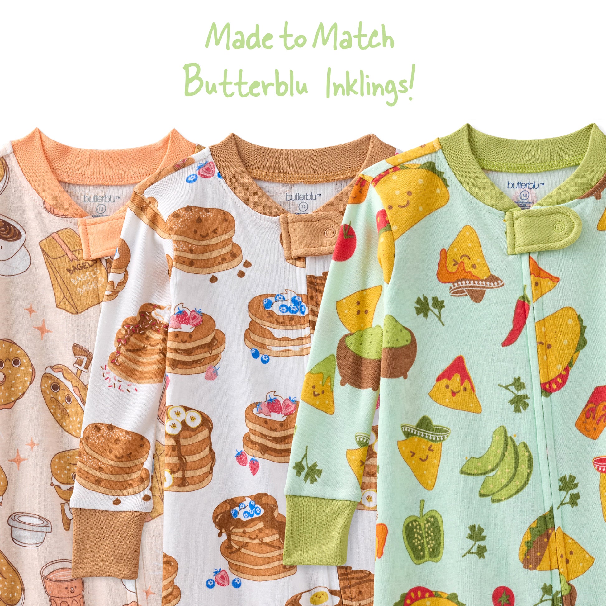 Three children's pajamas with different patterns on a white background.
