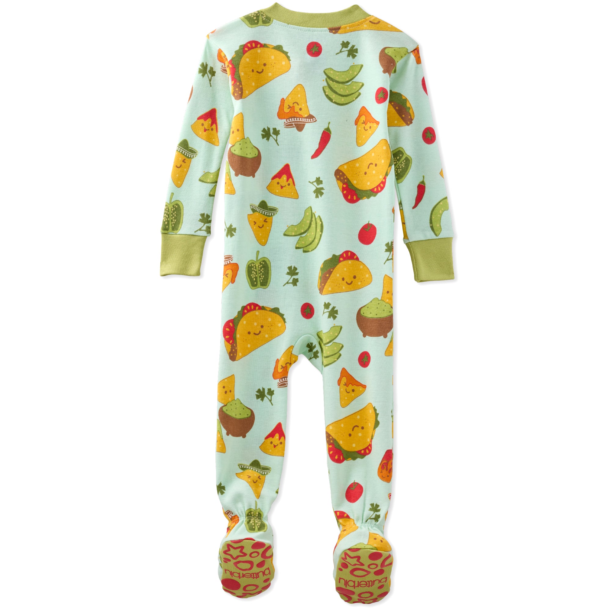 Children's onesie with colorful taco pattern on a light blue background
