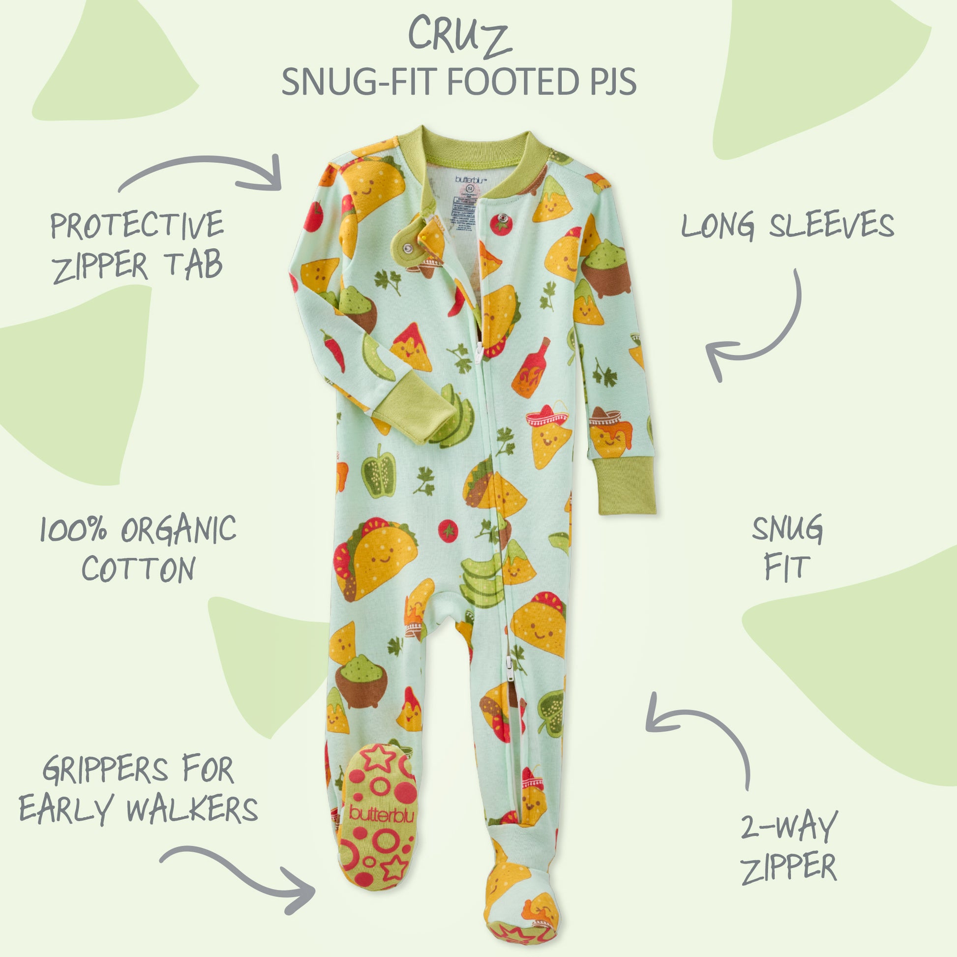 Baby onesie with taco pattern on a light blue background, featuring text describing features.