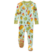 Children's onesie with colorful taco and cheese pattern on a light blue background