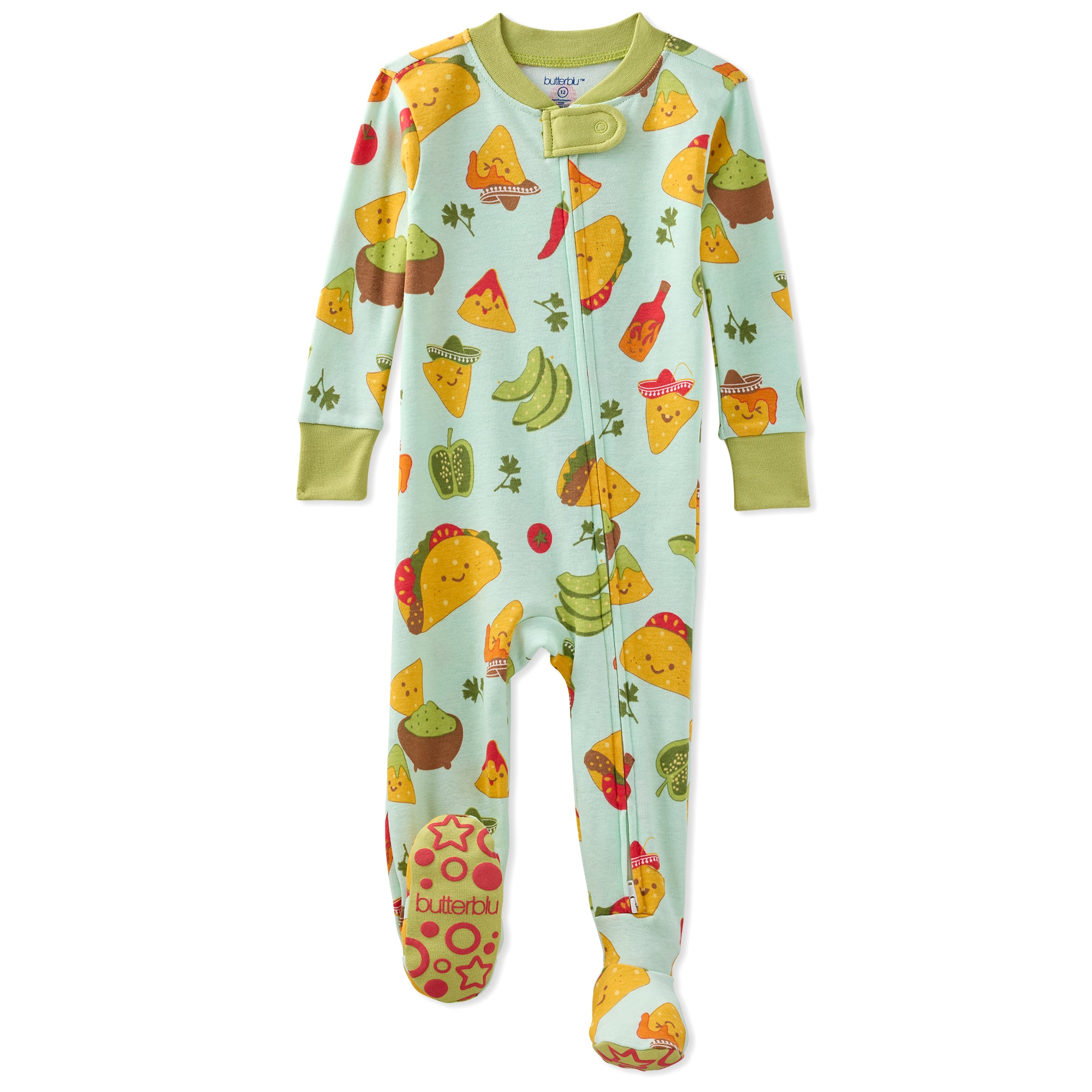 Children's onesie with colorful taco and cheese pattern on a light blue background