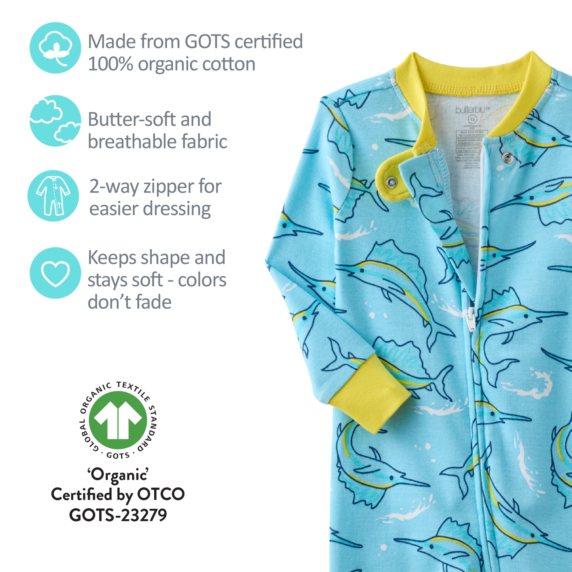GOTS certification badges for the SHAWN pajamas
