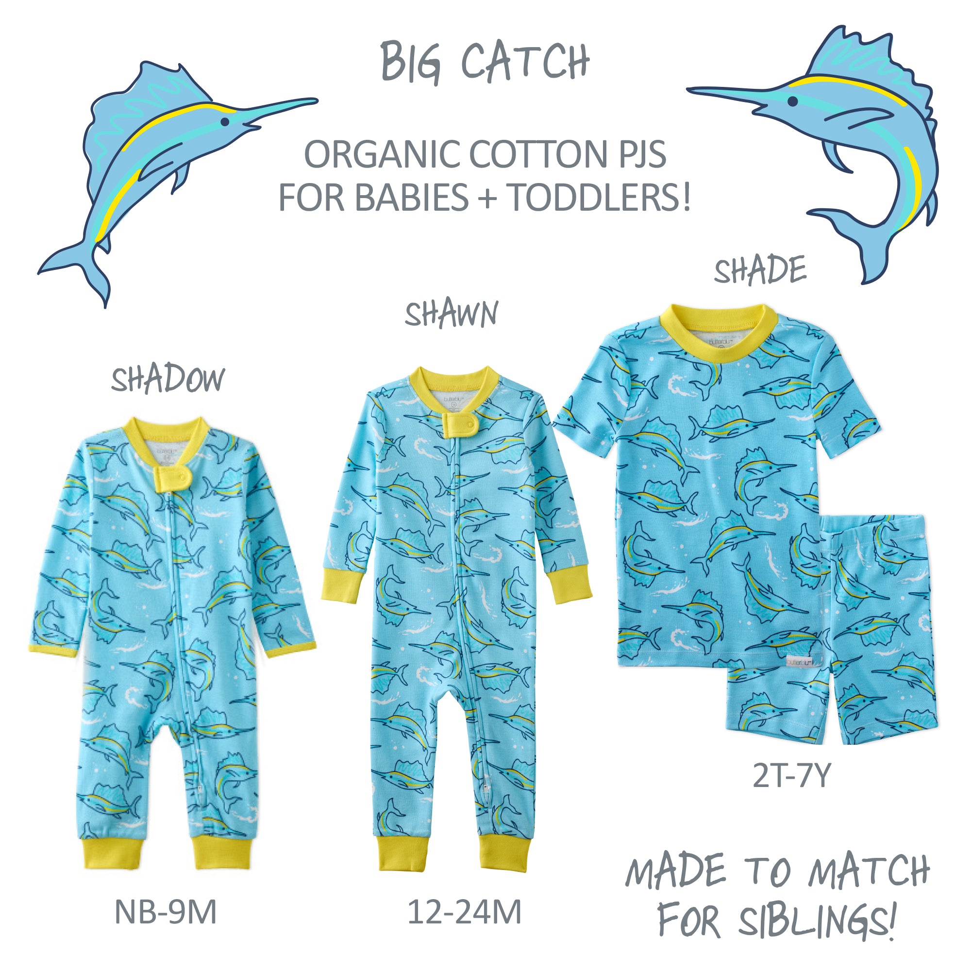 Made to Match pajama set in Big Catch on a white wallpaper
