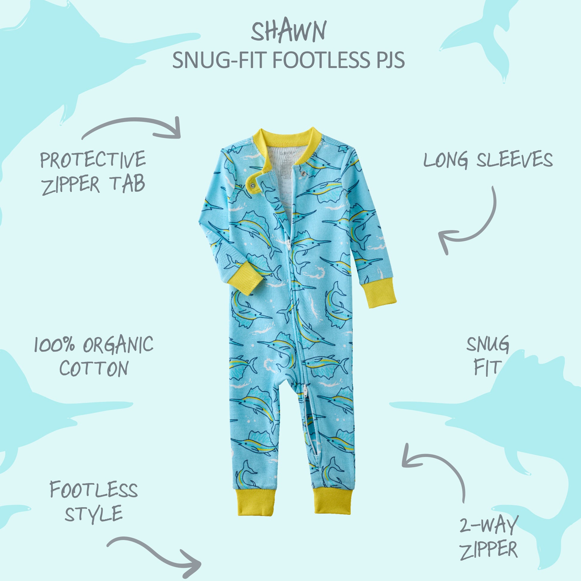  SHAWN onesie footless pajamas with product descriptions surrounding it
