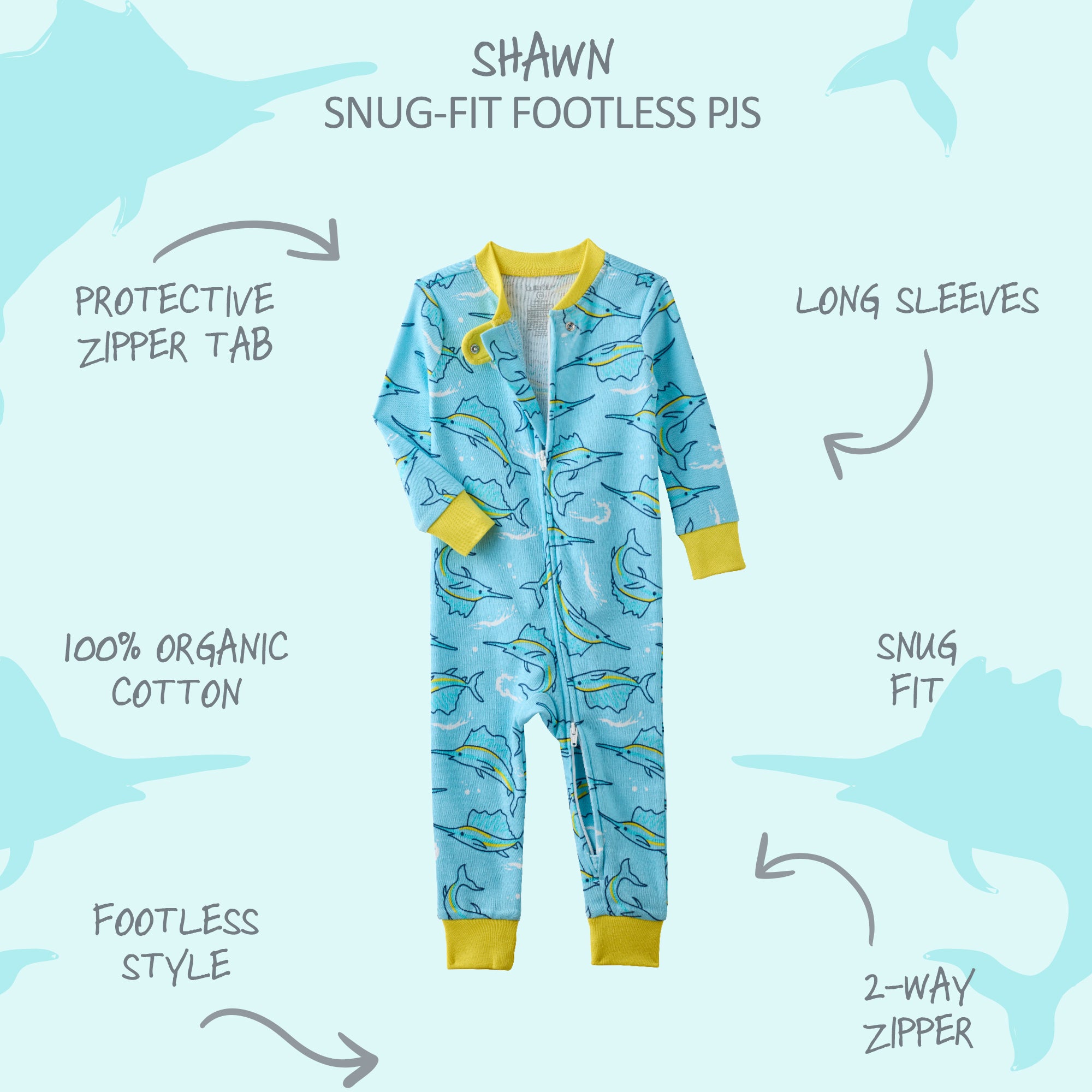  SHAWN onesie footless pajamas with product descriptions surrounding it
