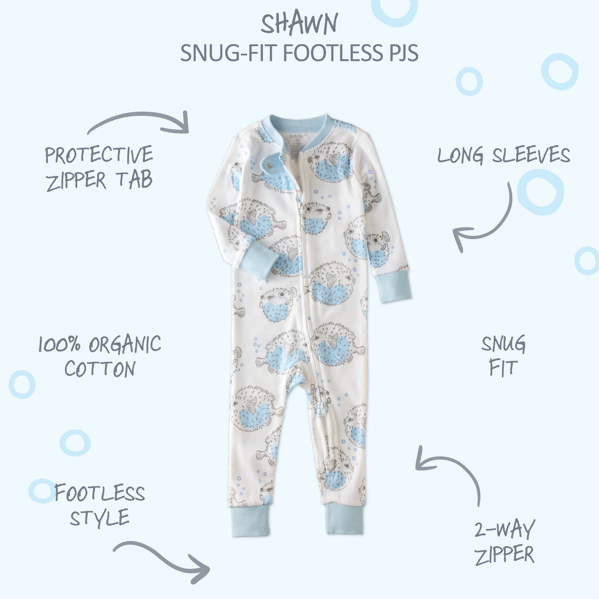  SHAWN onesie footless pajamas with product descriptions surrounding it
