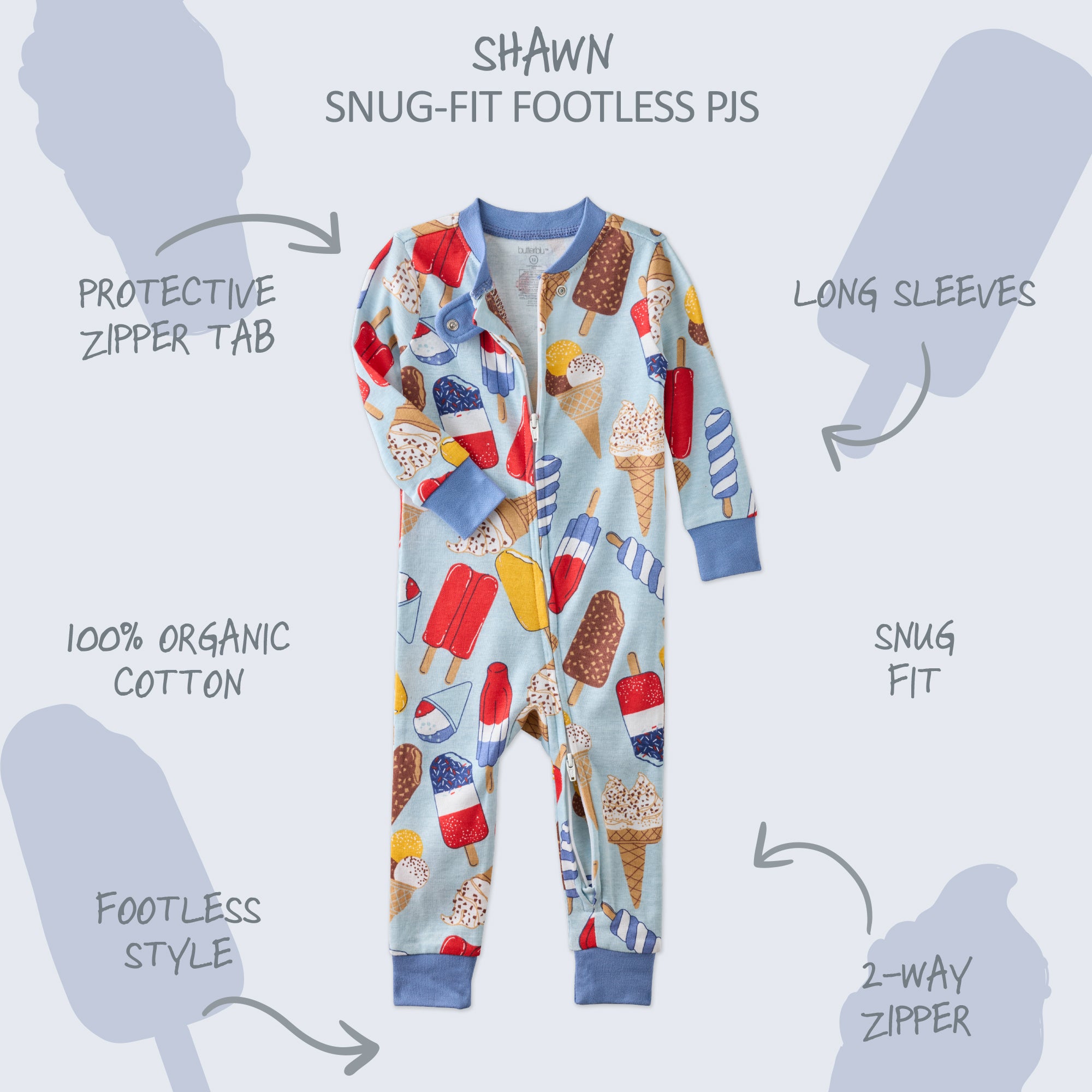  SHAWN onesie footless pajamas with product descriptions surrounding it
