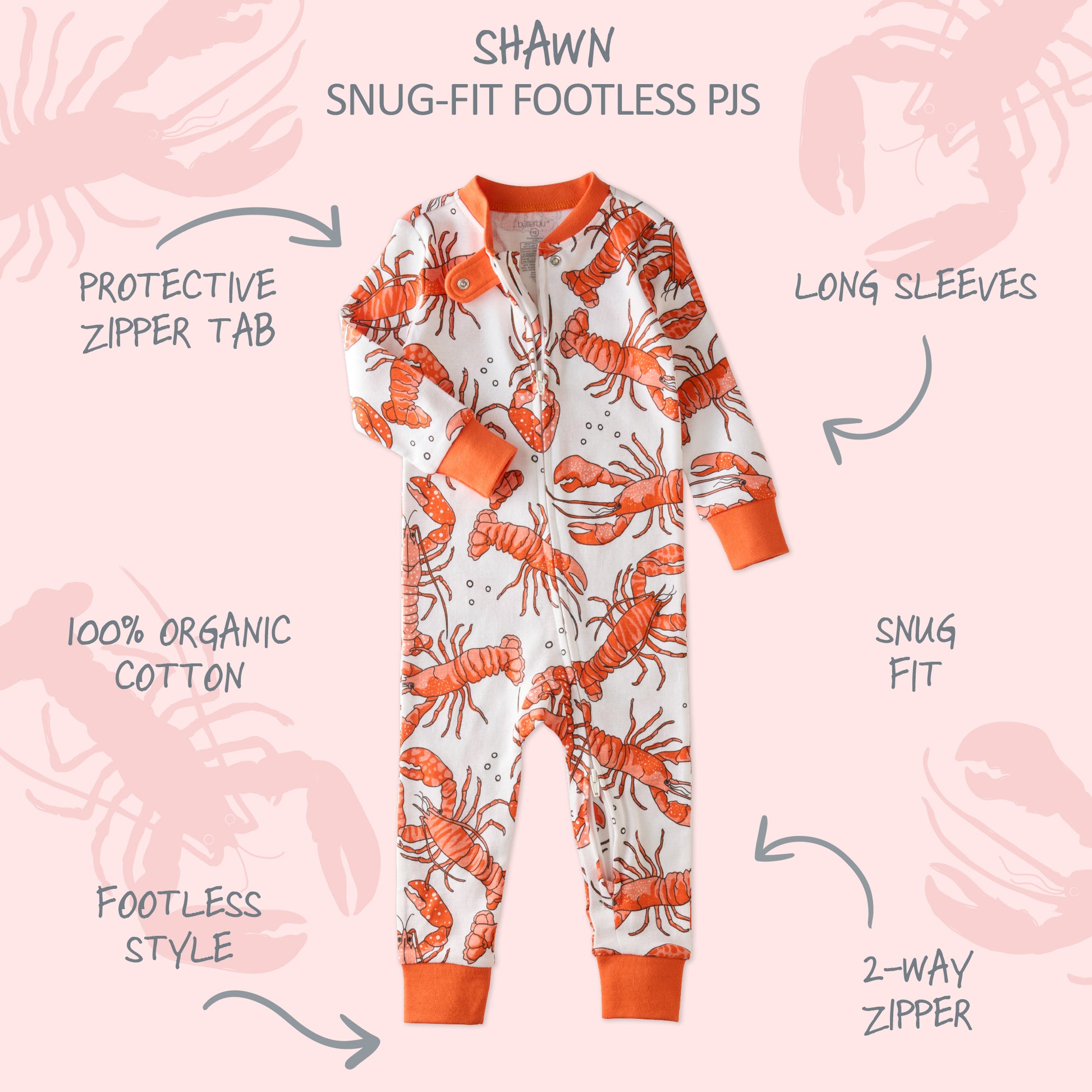  SHAWN onesie footless pajamas with product descriptions surrounding it
