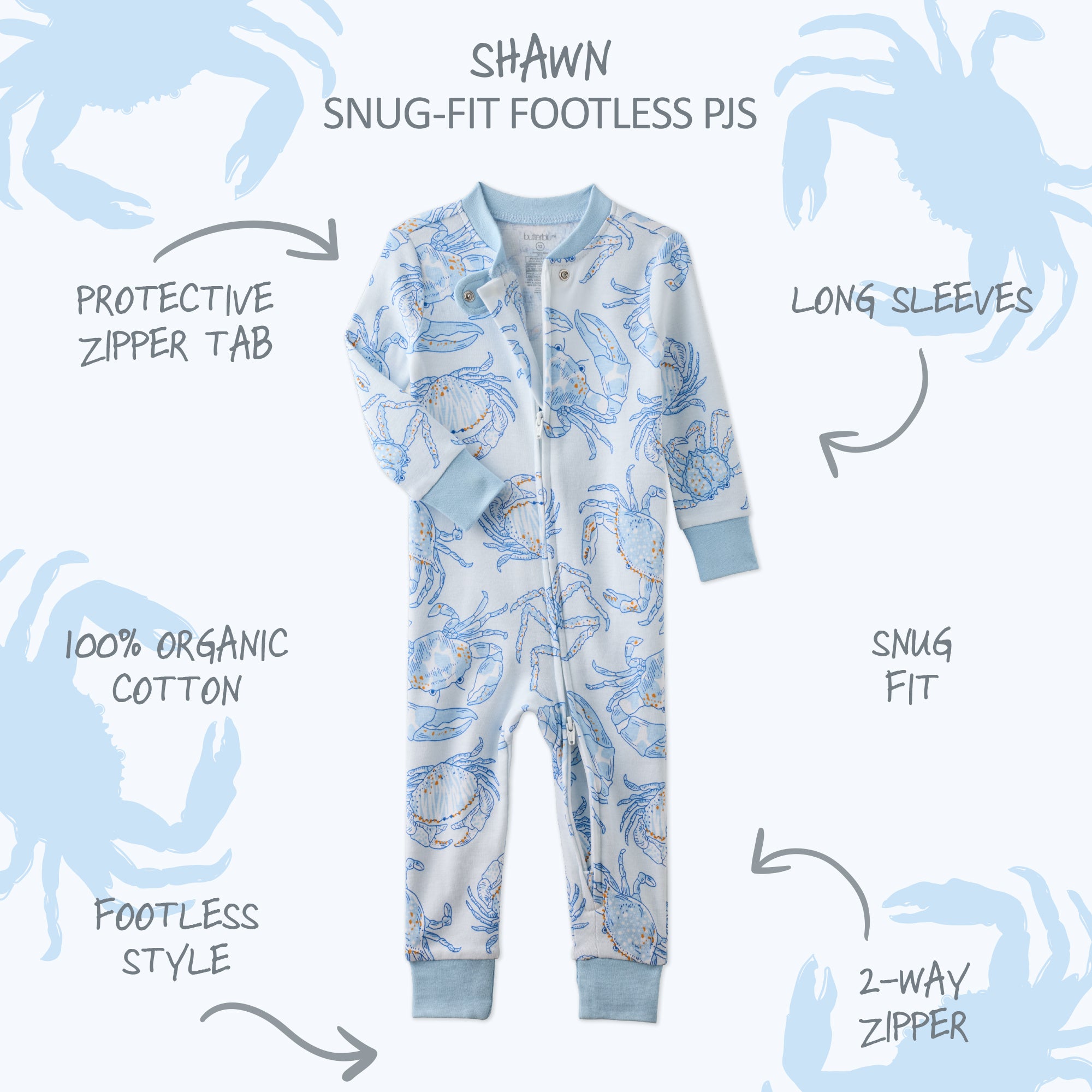  SHAWN onesie footless pajamas with product descriptions surrounding it
