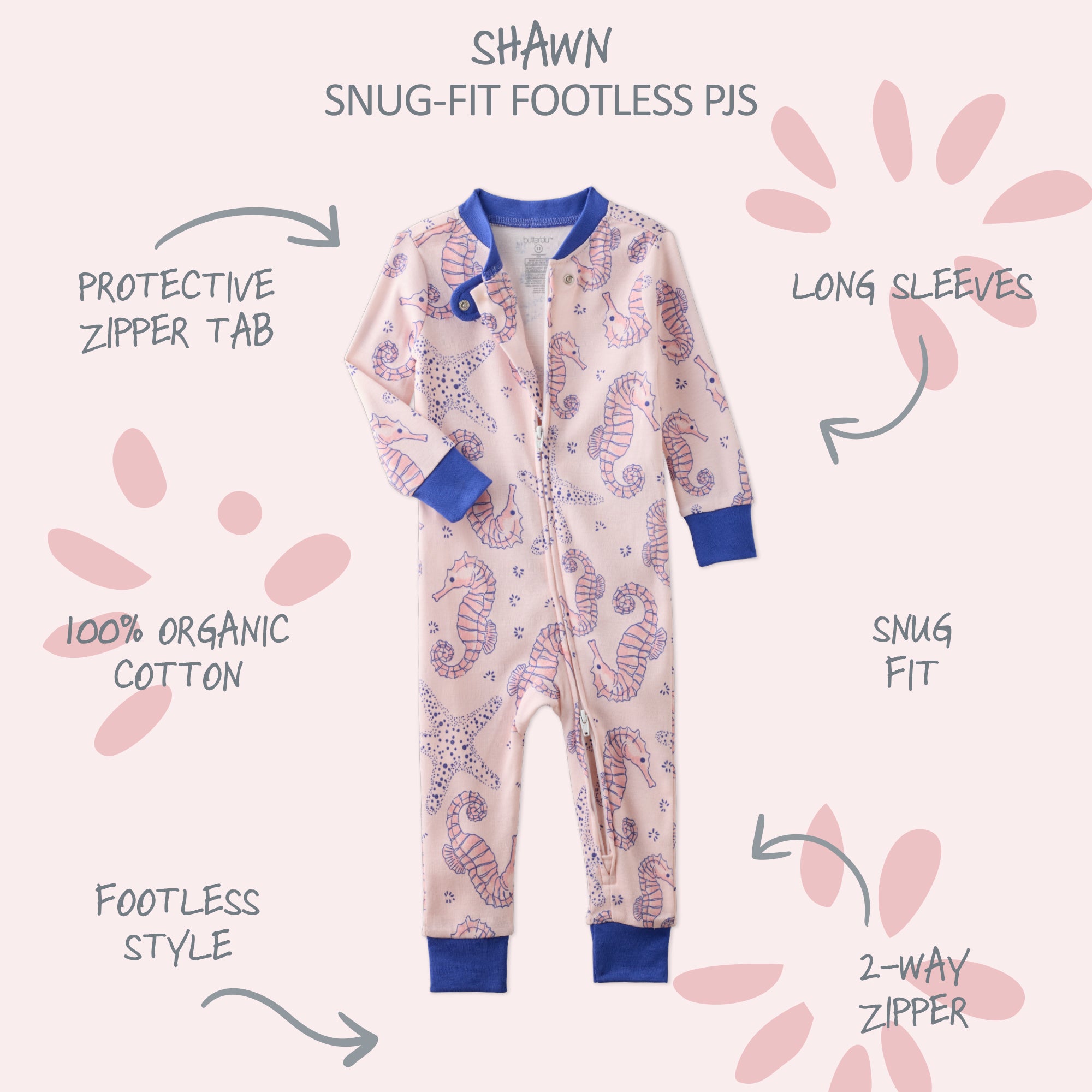  SHAWN onesie footless pajamas with product descriptions surrounding it