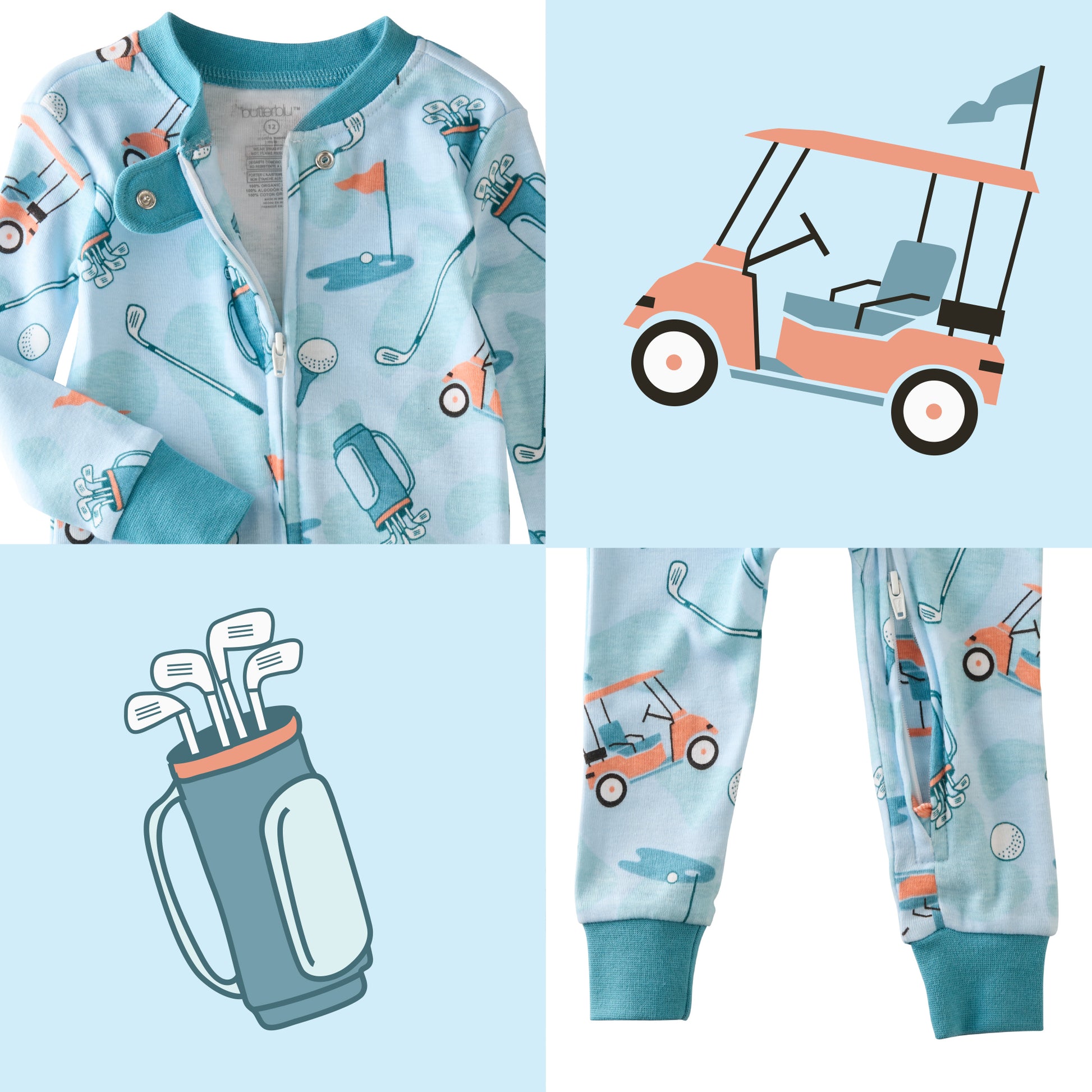 Little Golfer Blue top and bottom pattern collage
