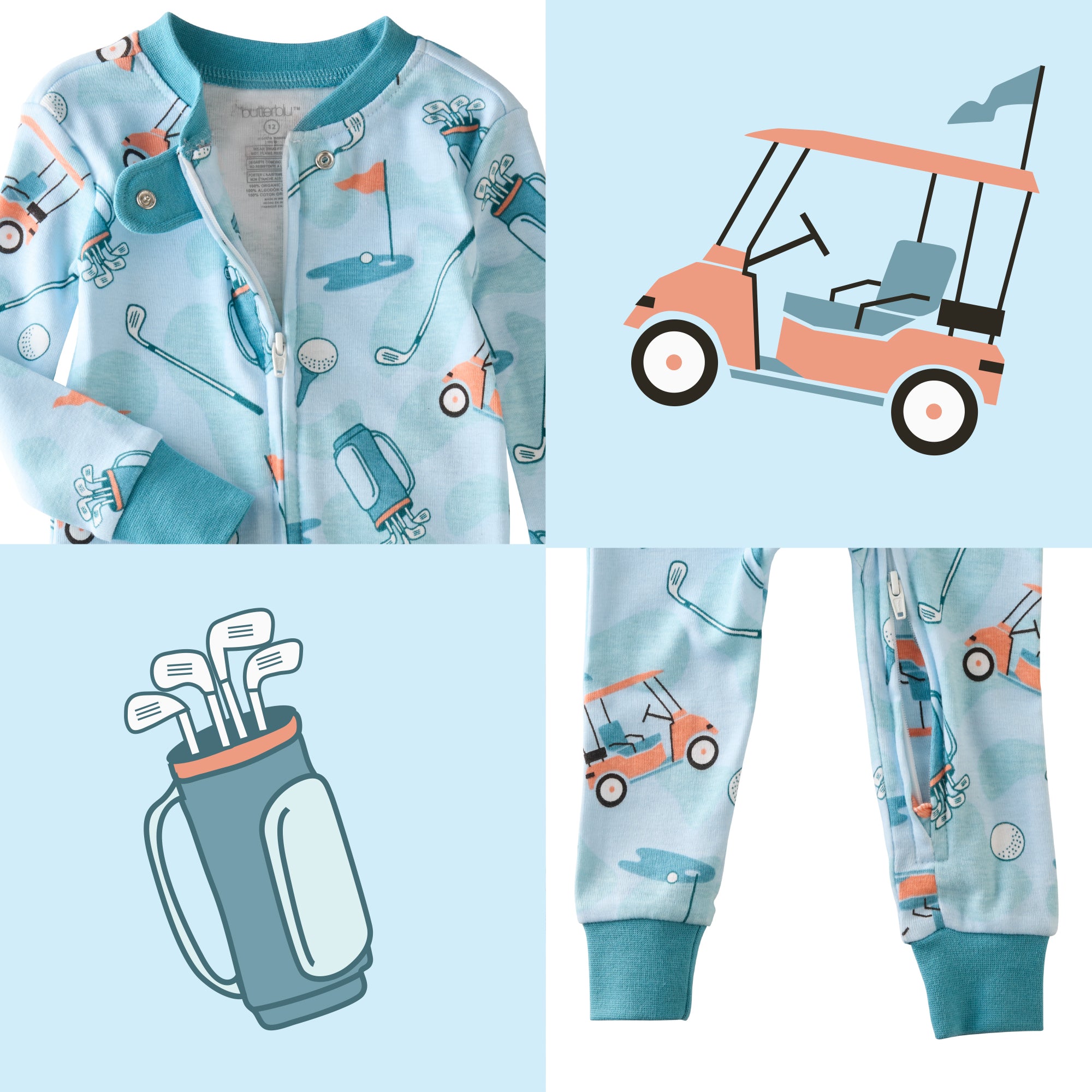 Little Golfer Blue top and bottom pattern collage
