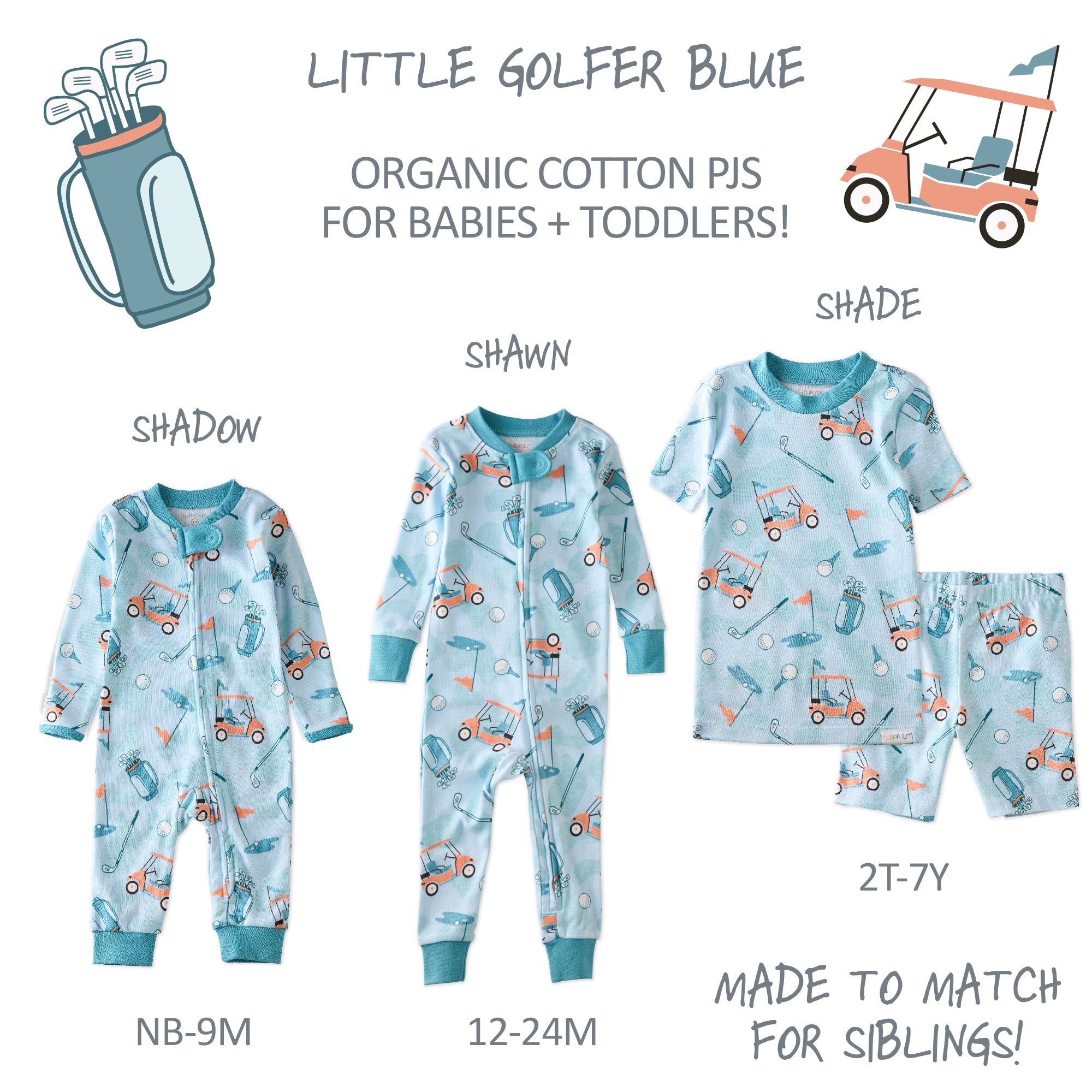 Made to Match pajama set in Little Golfer Blue on a white wallpaper
