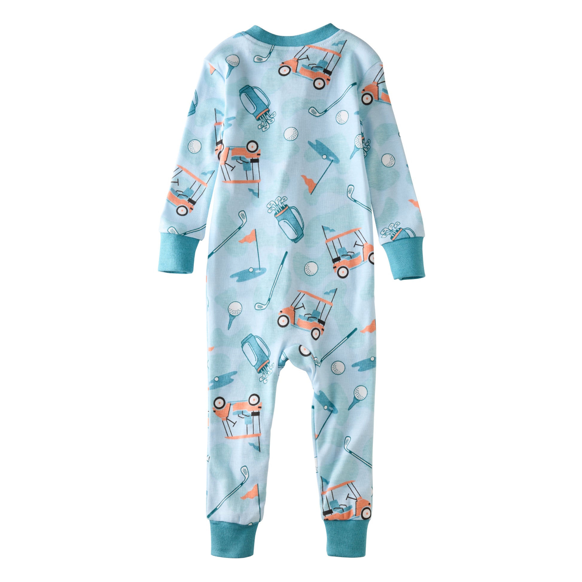 SHAWN onesie pajamas in Little Golfer Blue on a white background
