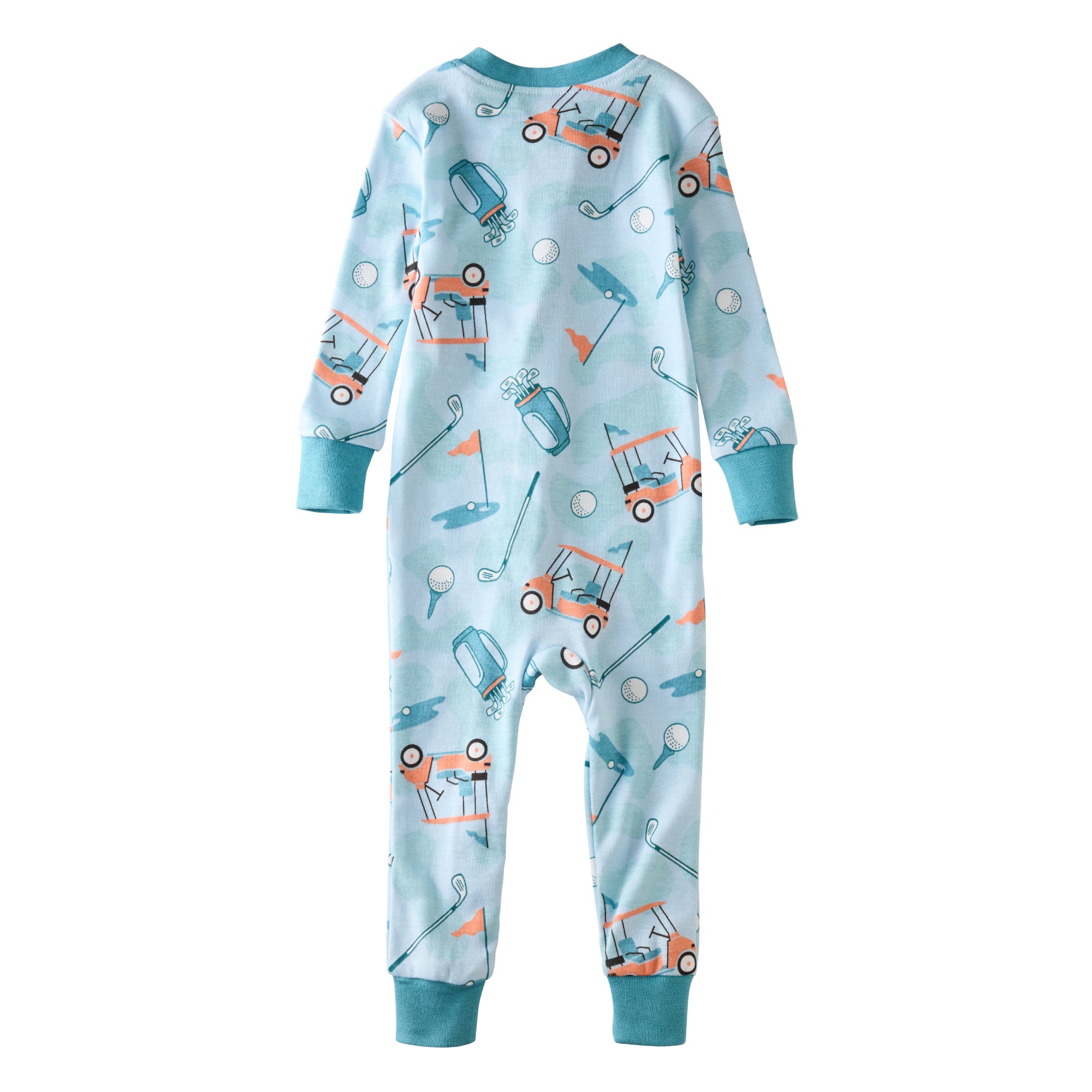 SHAWN onesie pajamas in Little Golfer Blue on a white background
