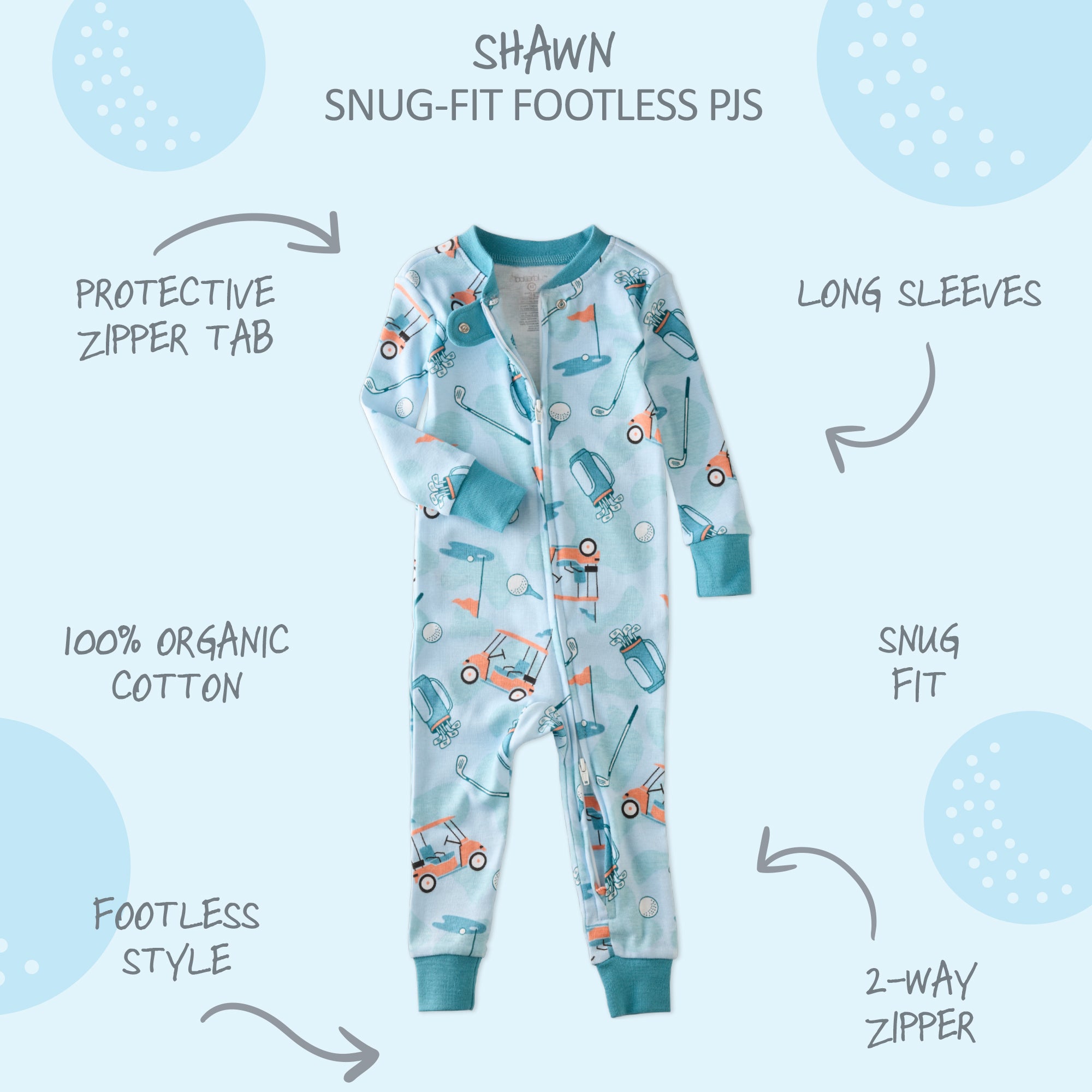  SHAWN onesie footless pajamas with product descriptions surrounding it
