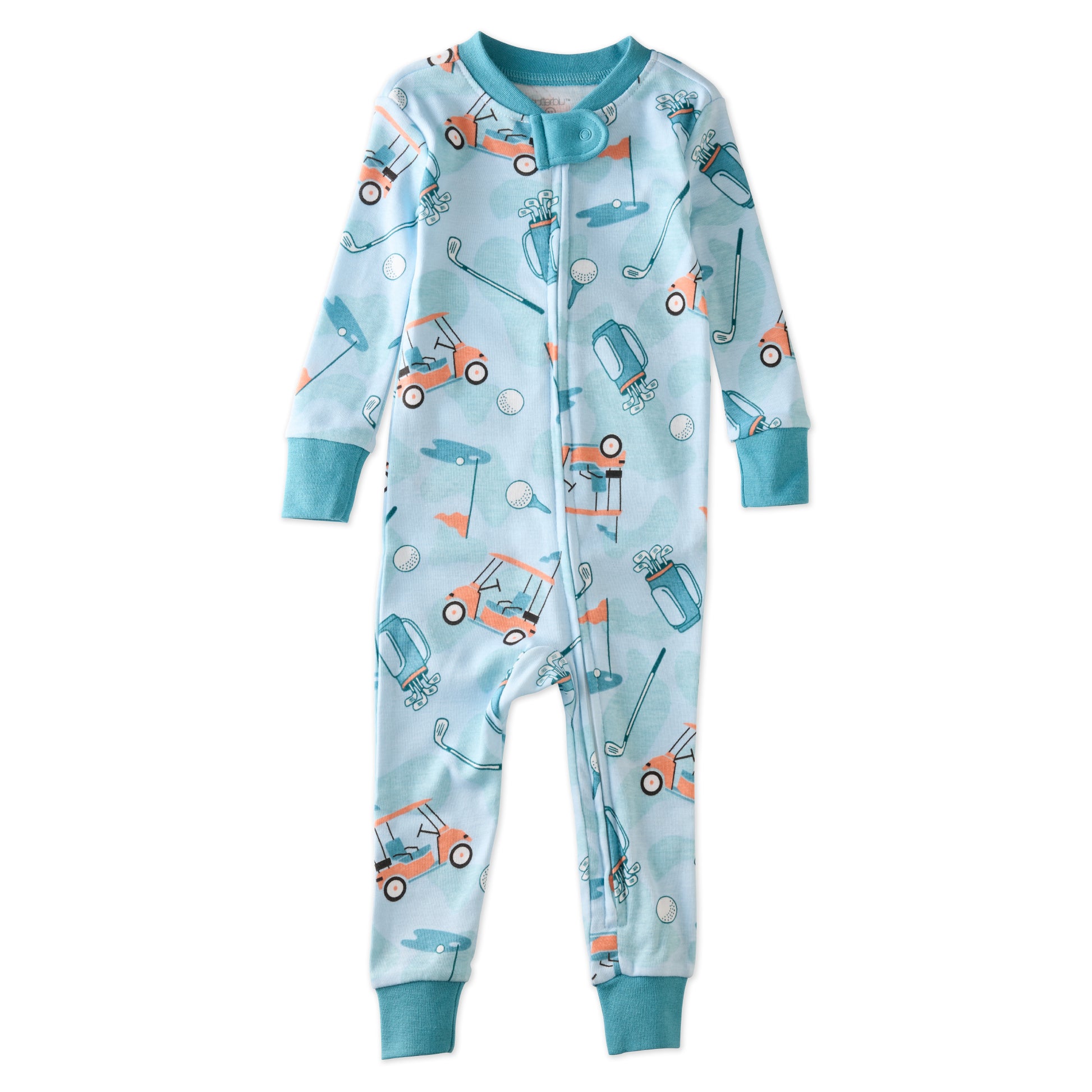 SHAWN onesie pajamas in Little Golfer Blue on a white background
