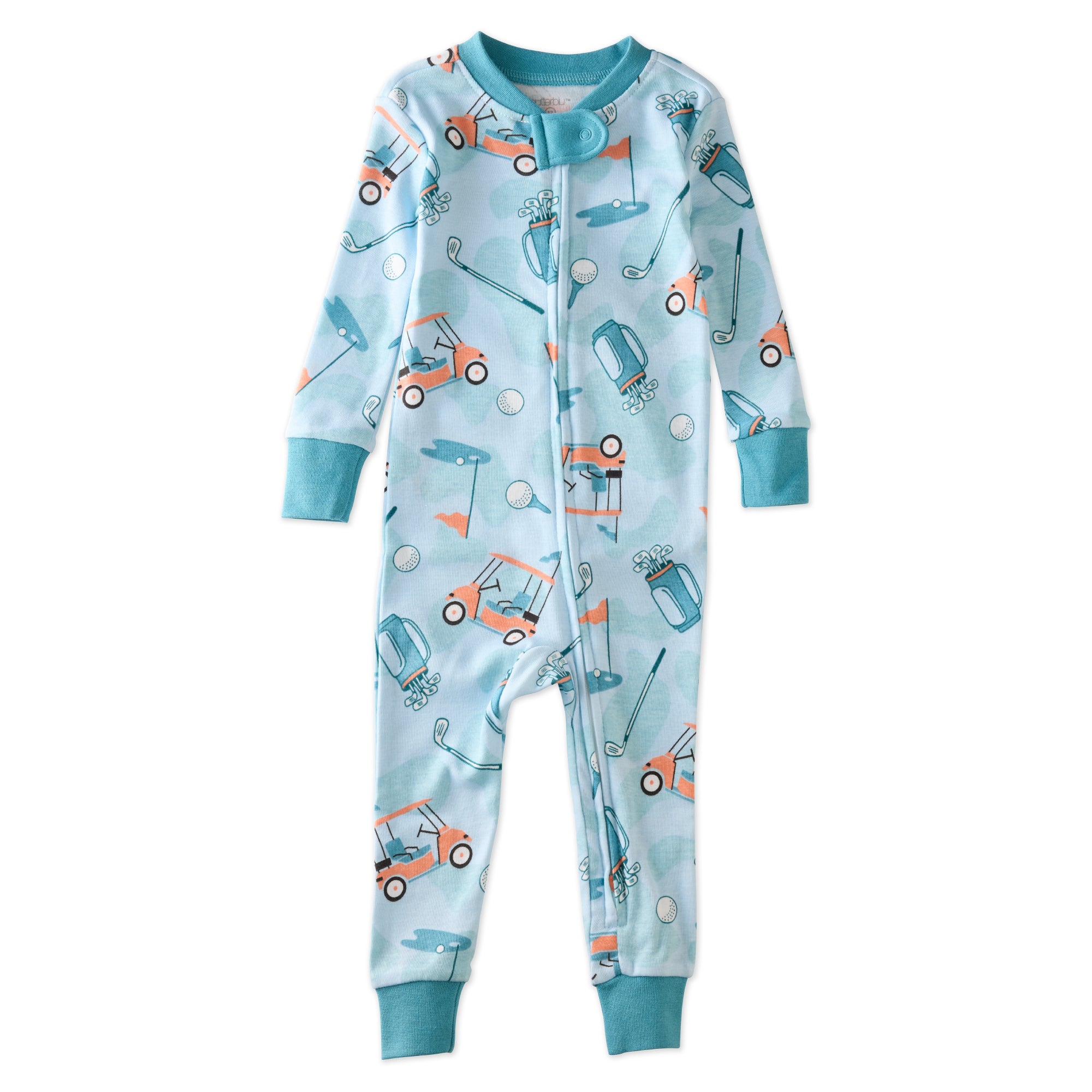SHAWN onesie pajamas in Little Golfer Blue on a white background
