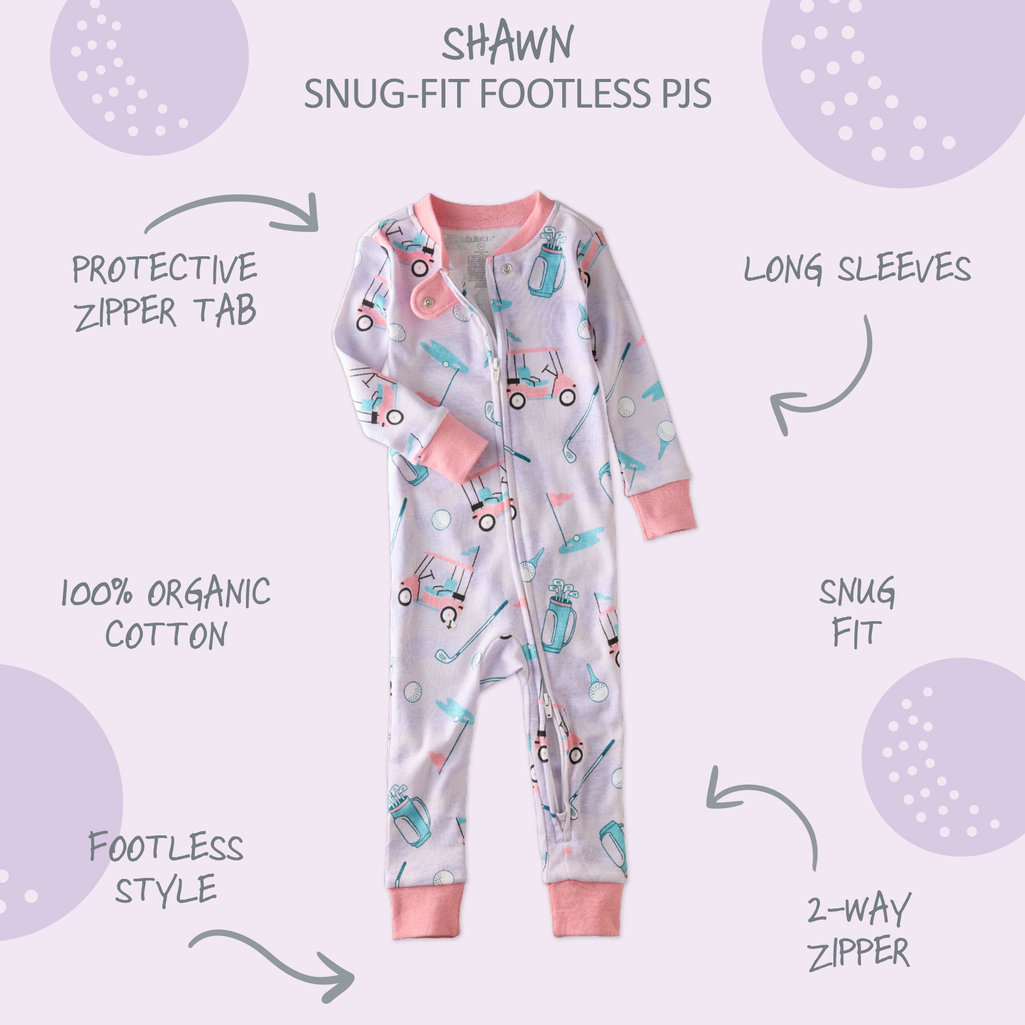  SHAWN onesie footless pajamas with product descriptions surrounding it
