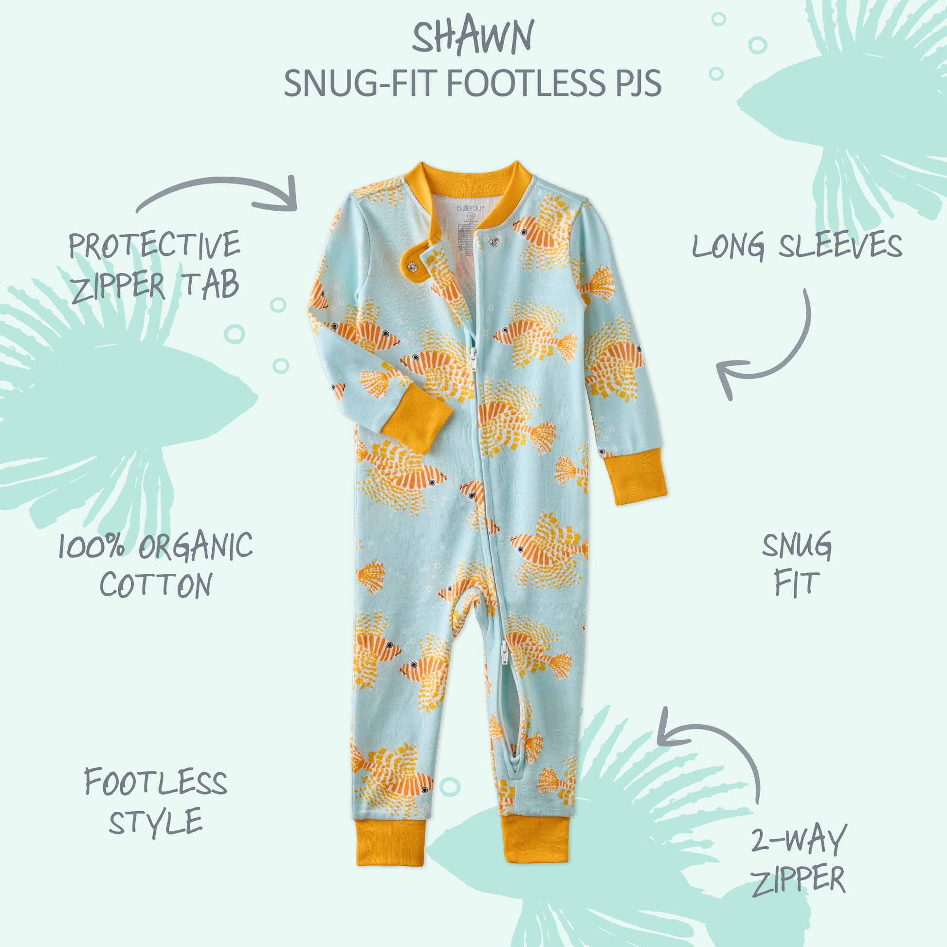  SHAWN onesie footless pajamas with product descriptions surrounding it
