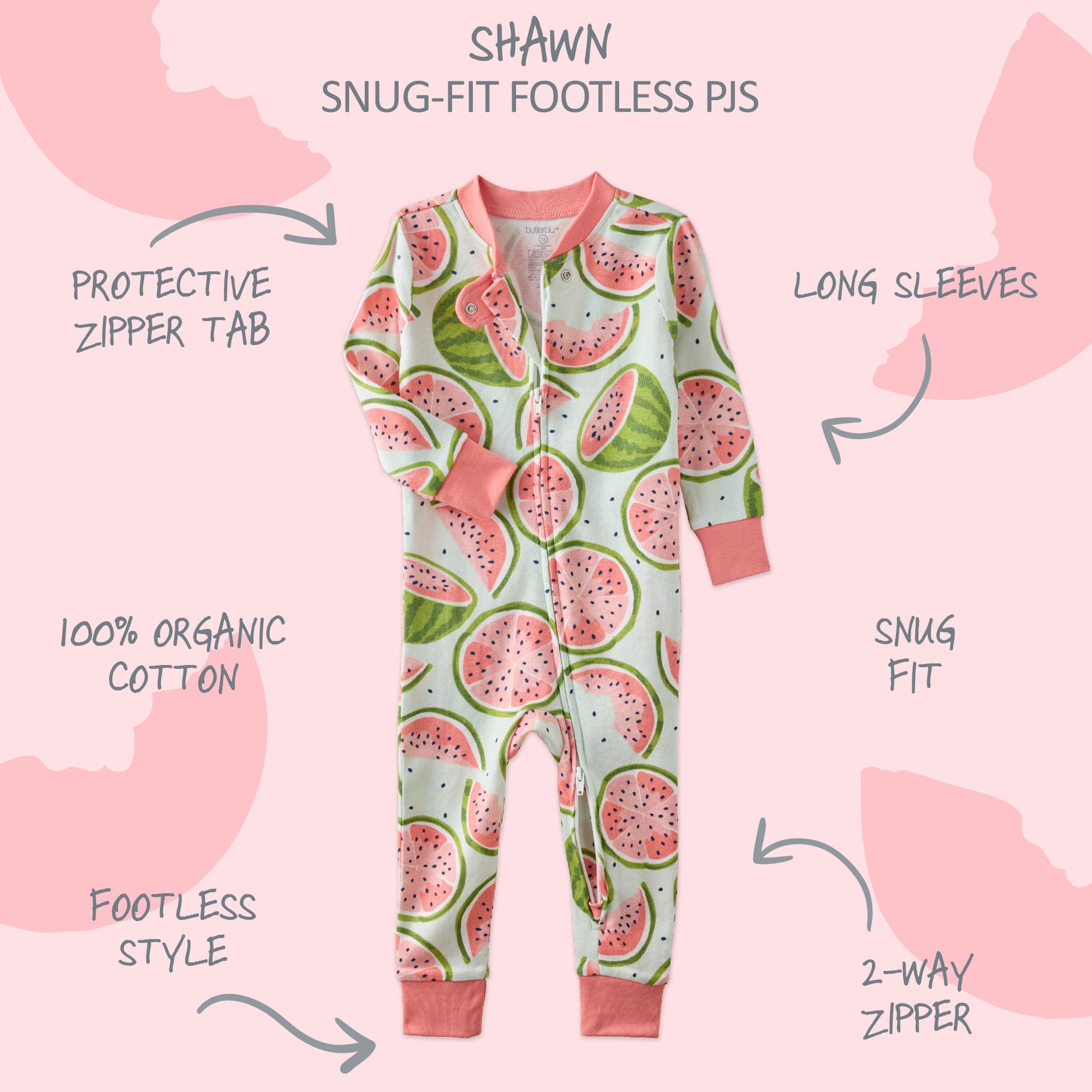  SHAWN onesie footless pajamas with product descriptions surrounding it
