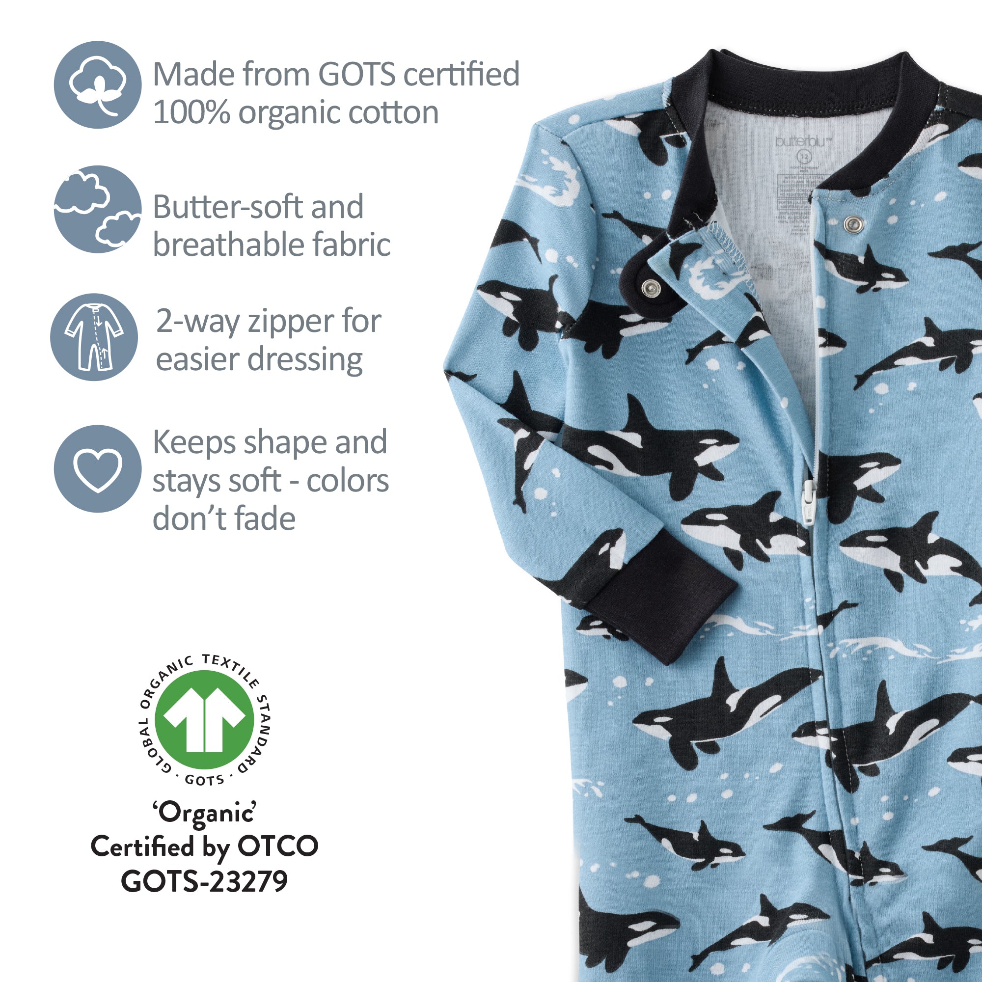 GOTS certification badges for the SHAWN pajamas