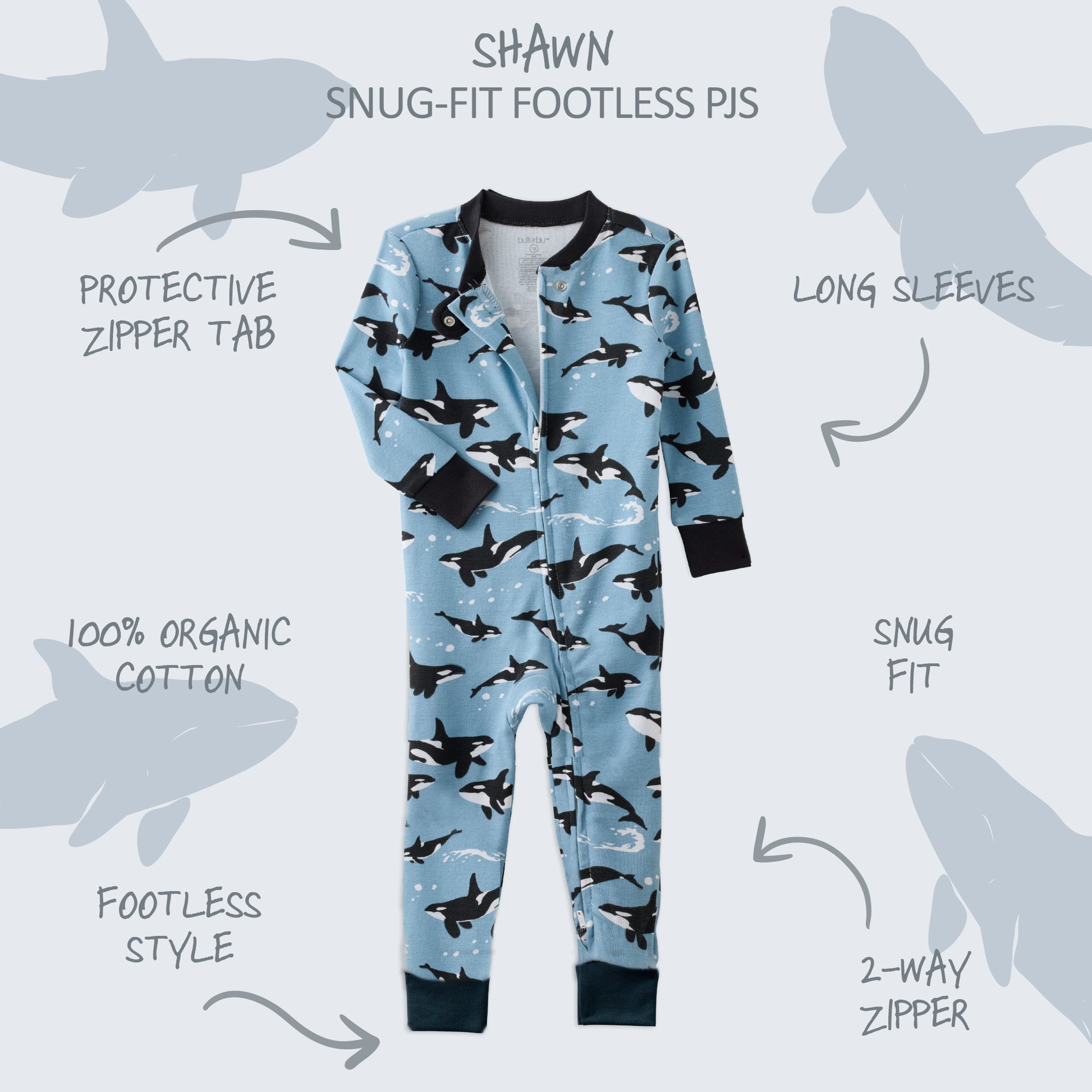  SHAWN onesie footless pajamas with product descriptions surrounding it

