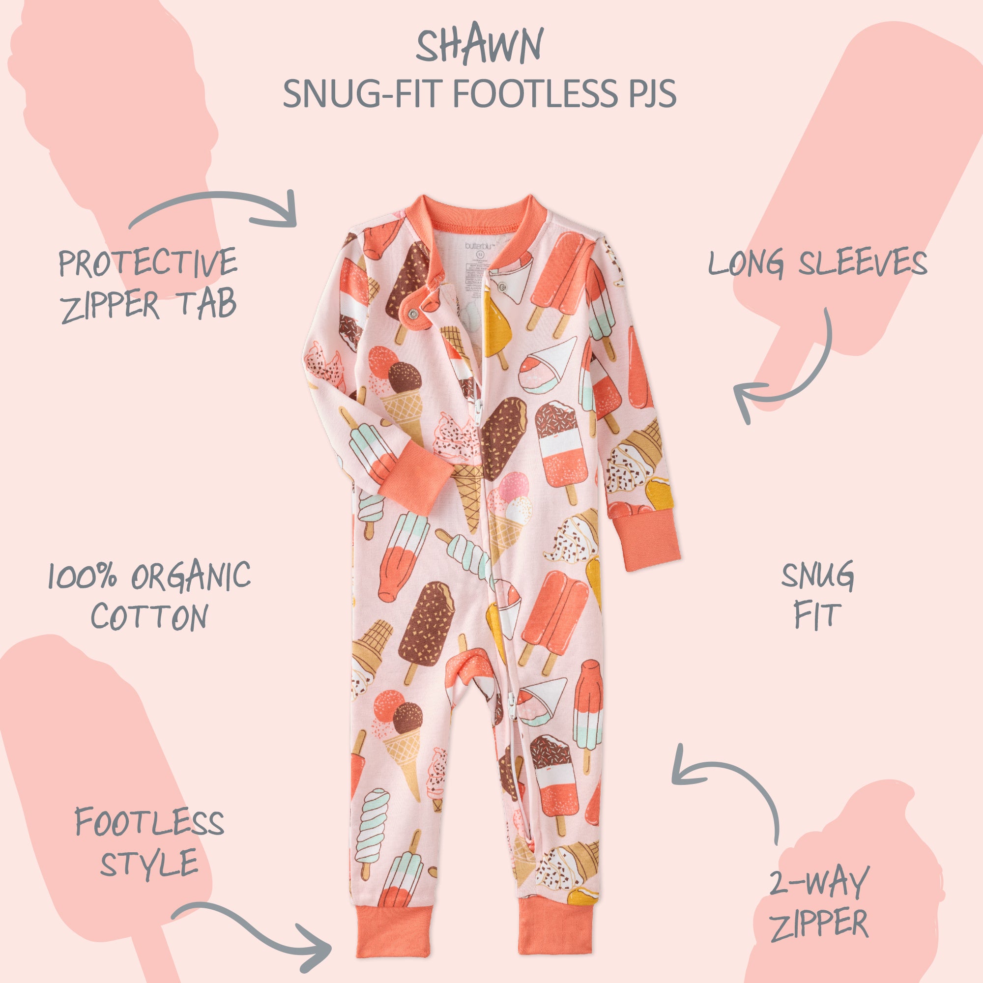  SHAWN onesie footless pajamas with product descriptions surrounding it
