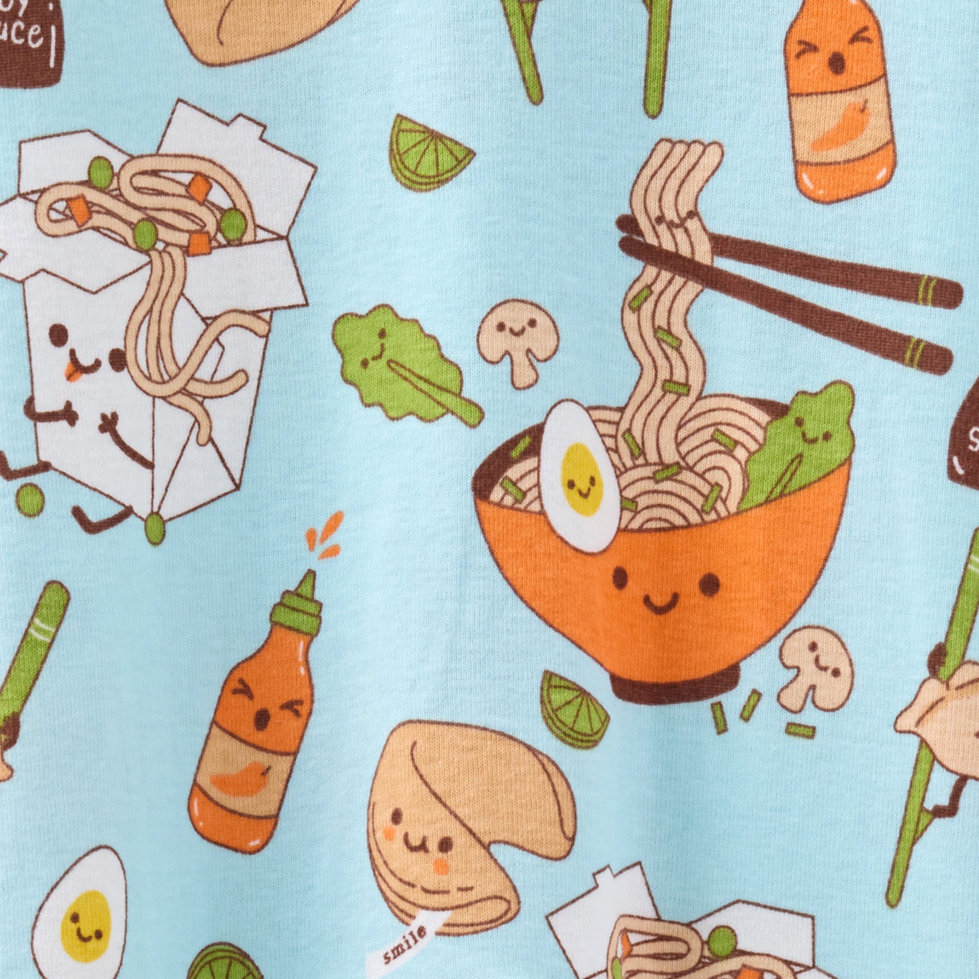 Cute illustration of a bowl of ramen with various ingredients on a blue background