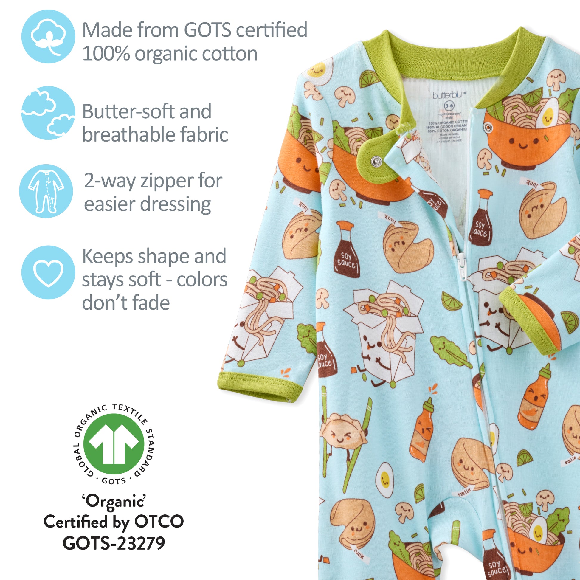 Baby onesie with food-themed print and GOTS certification details on a white background